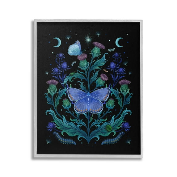 Stupell Industries Floral Night Sky Butterfly Animals & Insects Painting Gray Framed Art Print Wall Art, 24 x 30