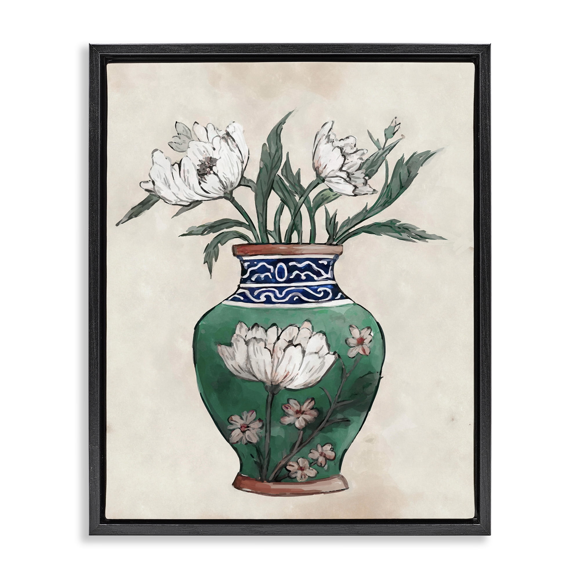 Stupell Industries Floral Oriental Vase Botanical & Floral Painting Black Floater Framed Canvas Art Print Wall Art, 25 x 31