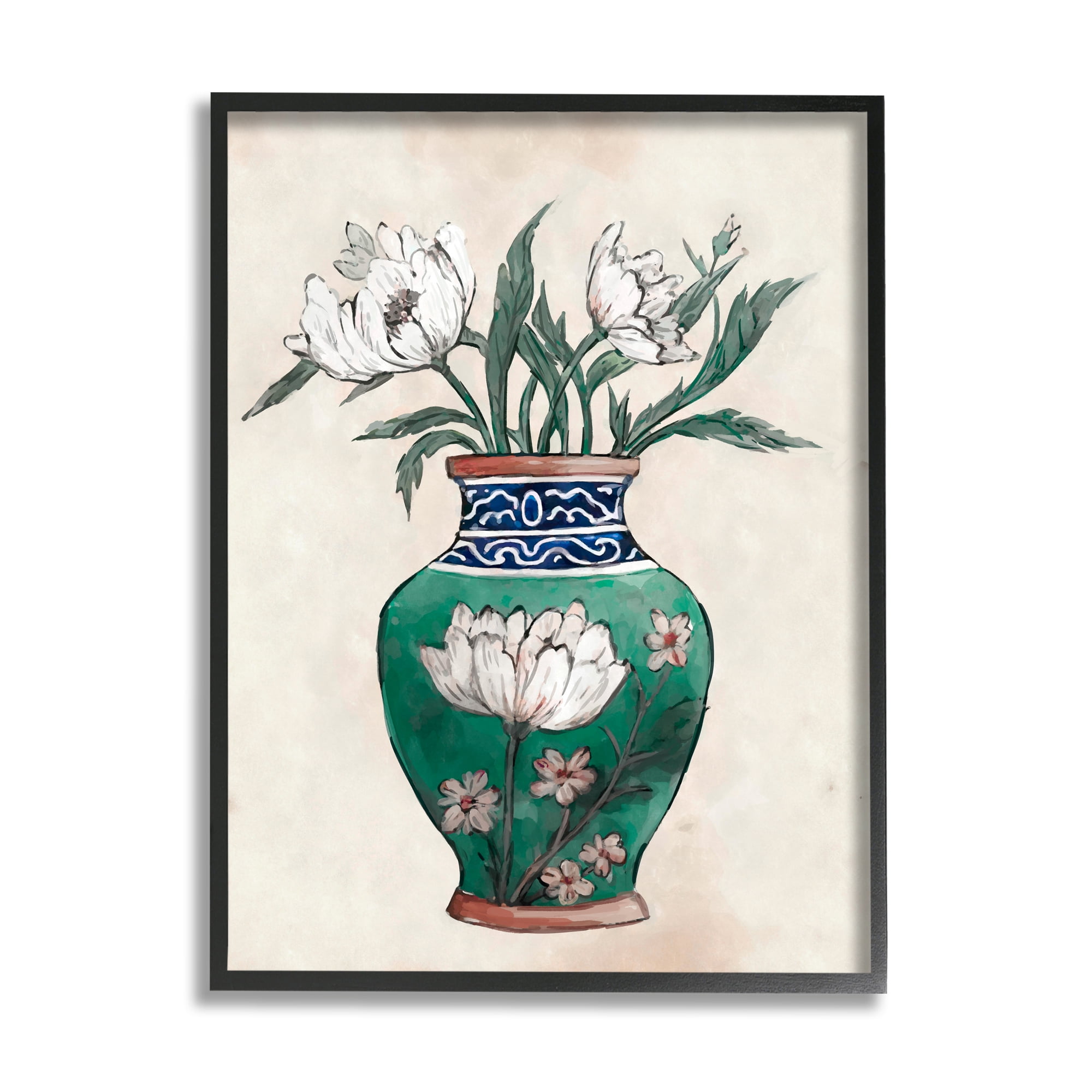 Stupell Industries Floral Oriental Vase Botanical & Floral Painting Black Framed Art Print Wall Art, 24 x 30