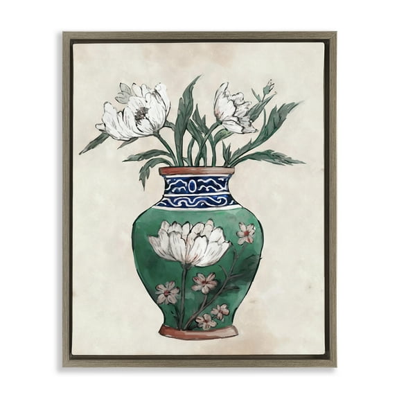 Stupell Industries Floral Oriental Vase Botanical & Floral Painting Brown Floater Framed Canvas Art Print Wall Art, 17 x 21