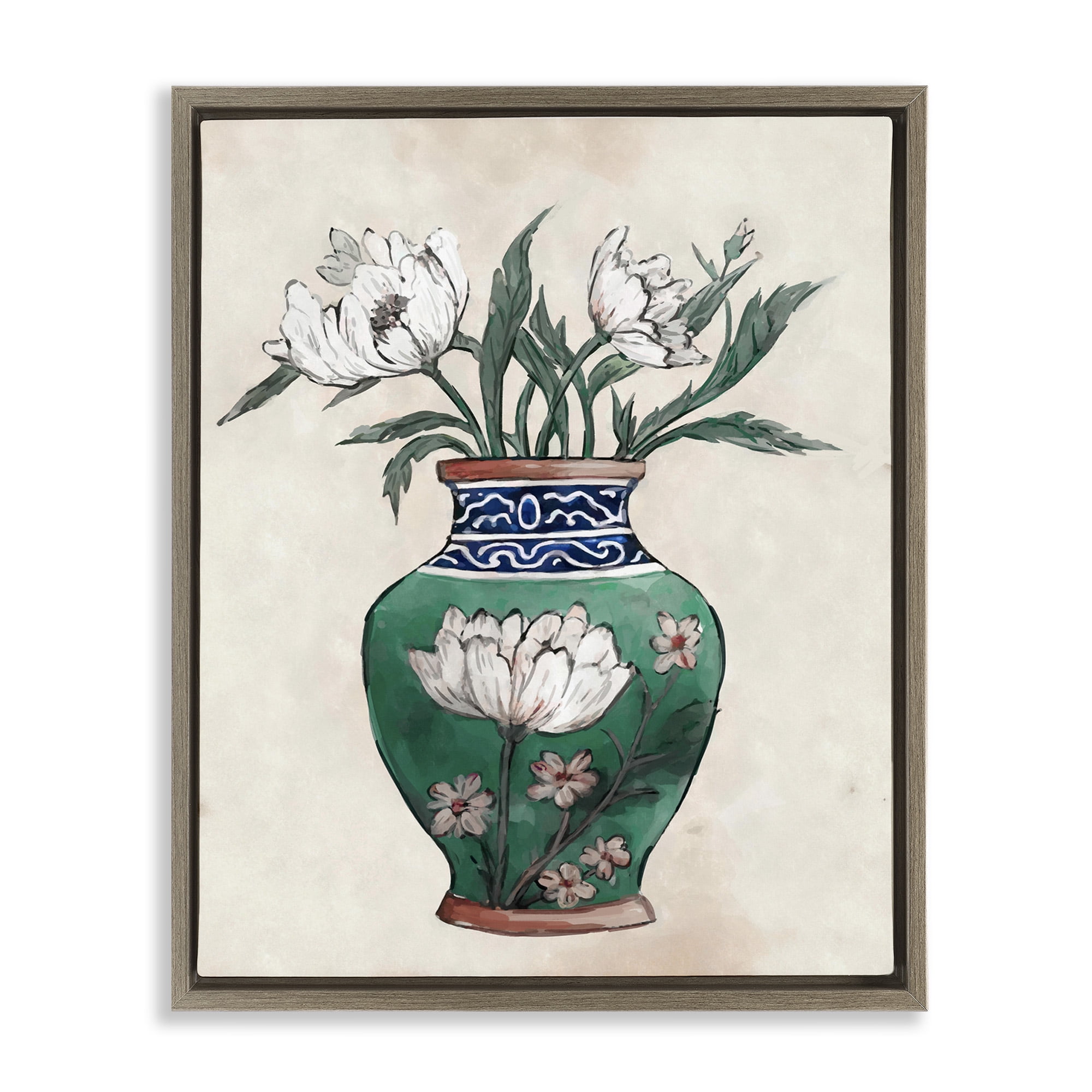 Stupell Industries Floral Oriental Vase Botanical & Floral Painting Brown Floater Framed Canvas Art Print Wall Art, 25 x 31