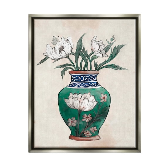 Stupell Industries Floral Oriental Vase Botanical & Floral Painting Gray Floater Framed Canvas Art Print Wall Art, 17 x 21