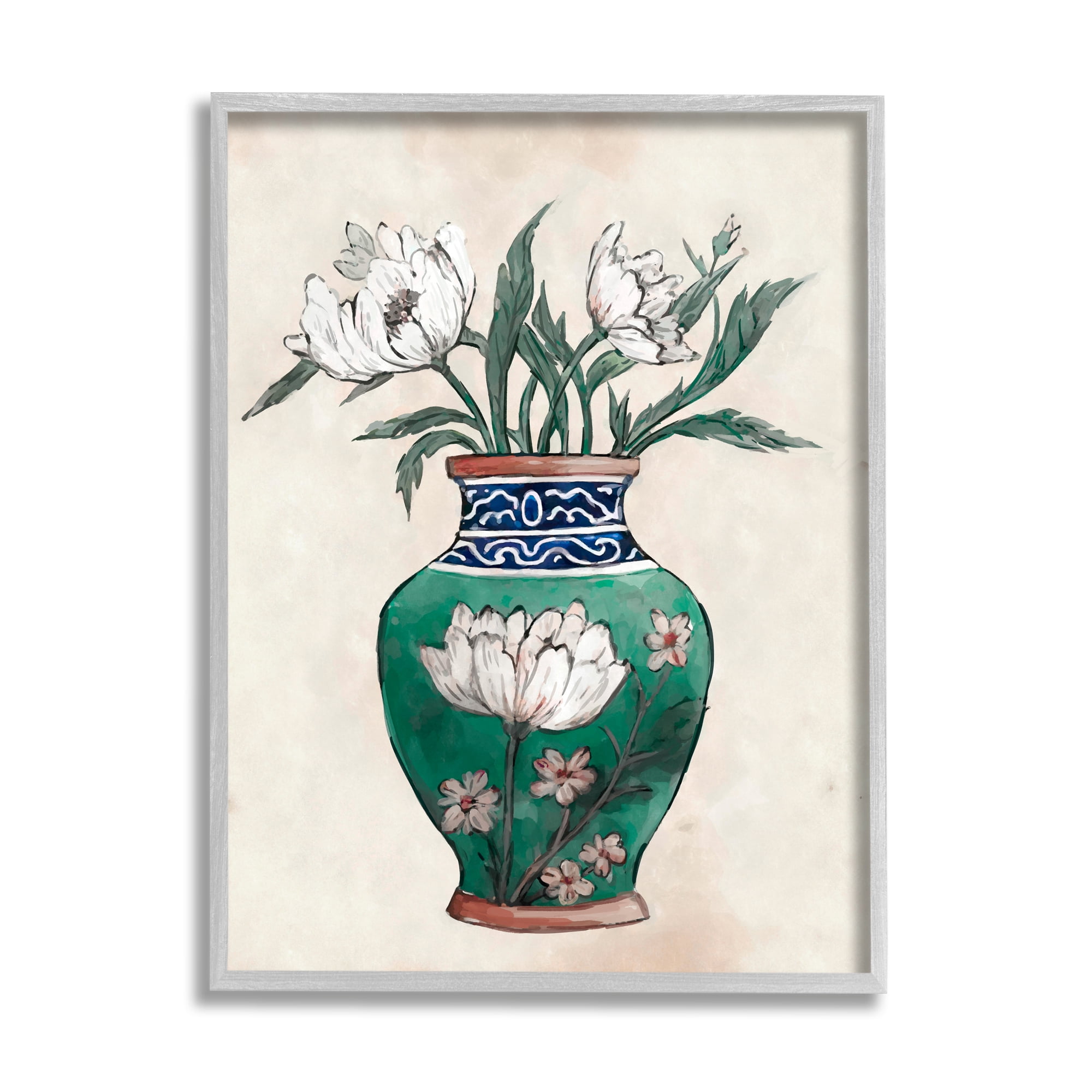 Stupell Industries Floral Oriental Vase Botanical & Floral Painting Gray Framed Art Print Wall Art, 11 x 14