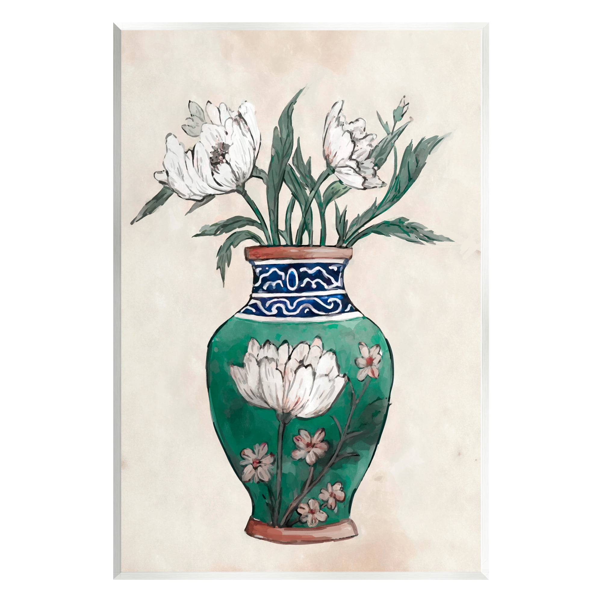 Vintage Green Floral Vase Wall Art on MDF Wood