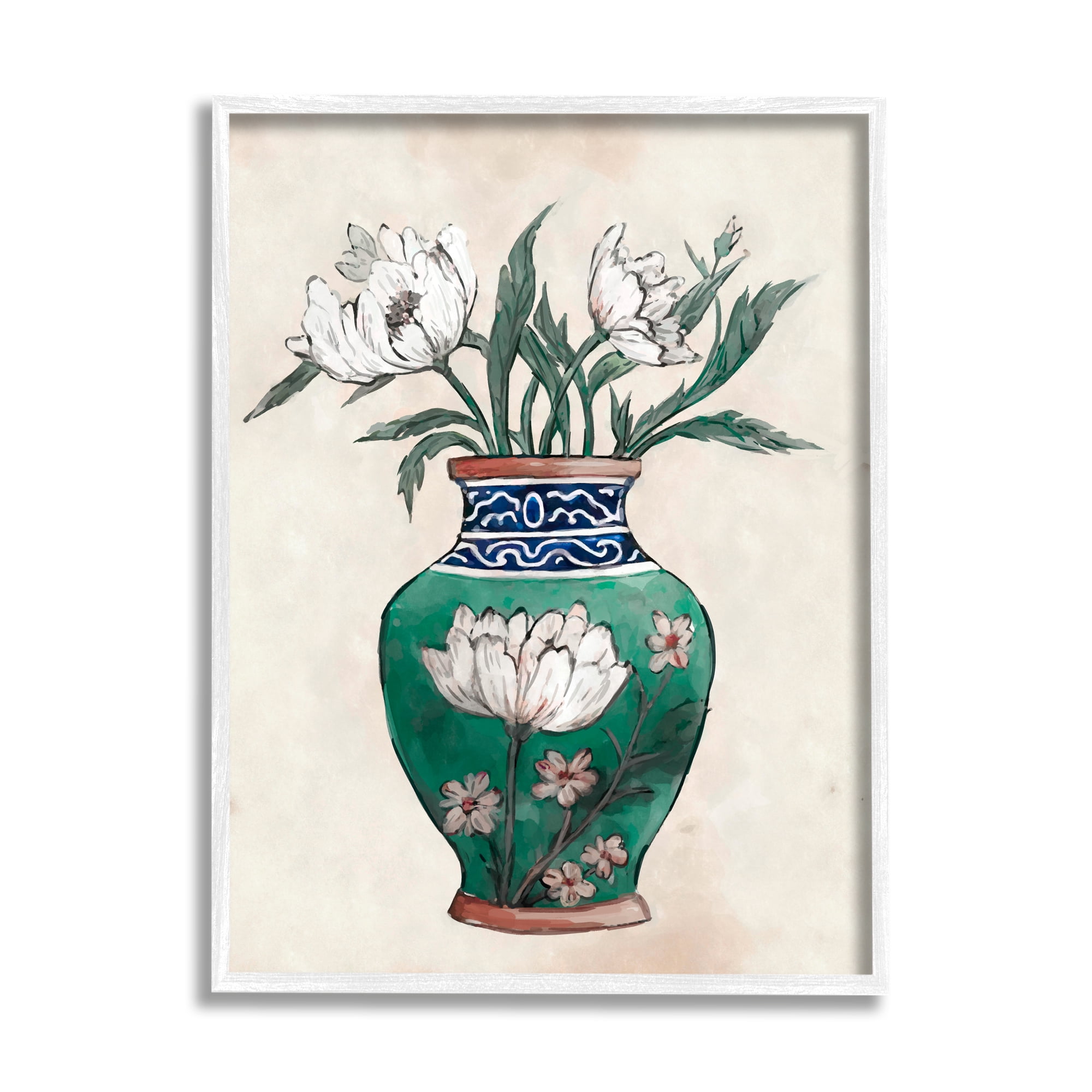 Stupell Industries Floral Oriental Vase Botanical & Floral Painting White Framed Art Print Wall Art, 11 x 14