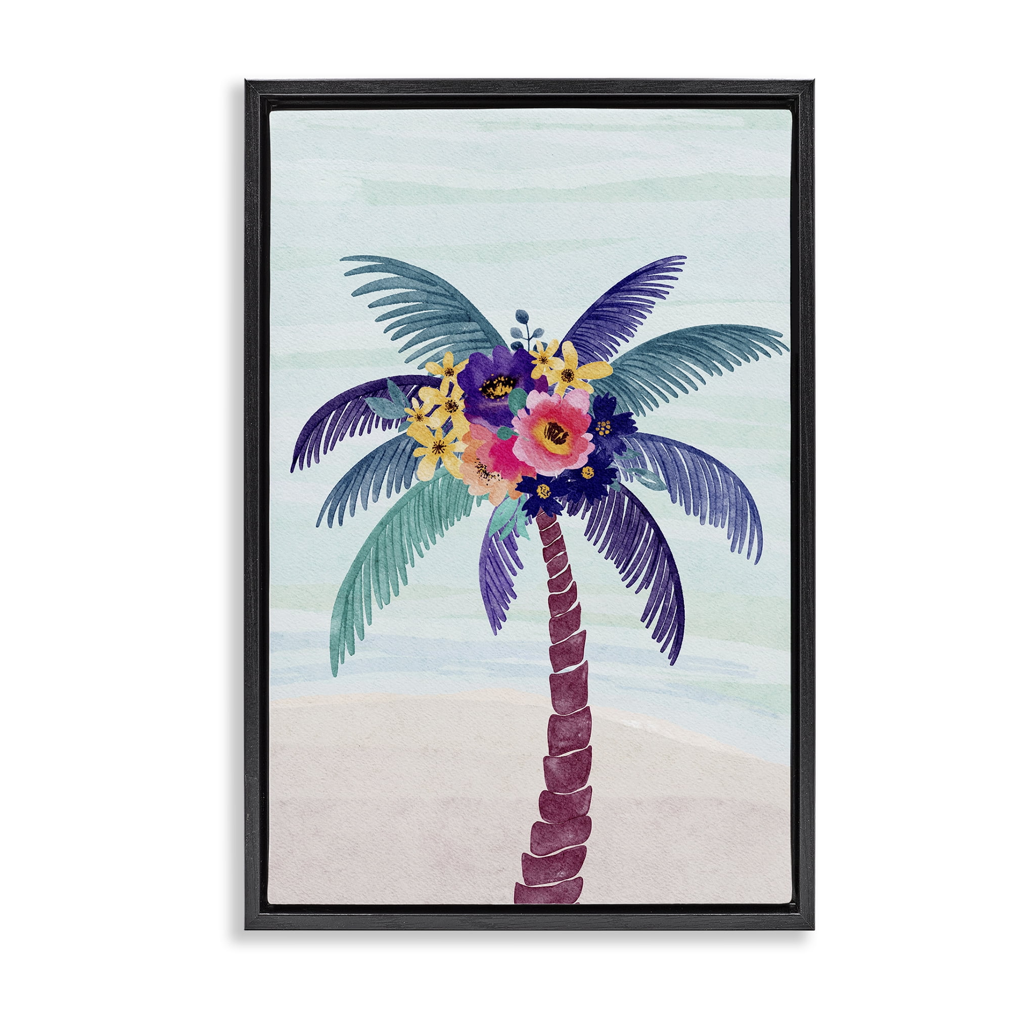 Stupell Industries Floral Palm Tree Beach Plants & Flowers Painting Black Floater Framed Canvas Art Print Wall Art, 21 x 31