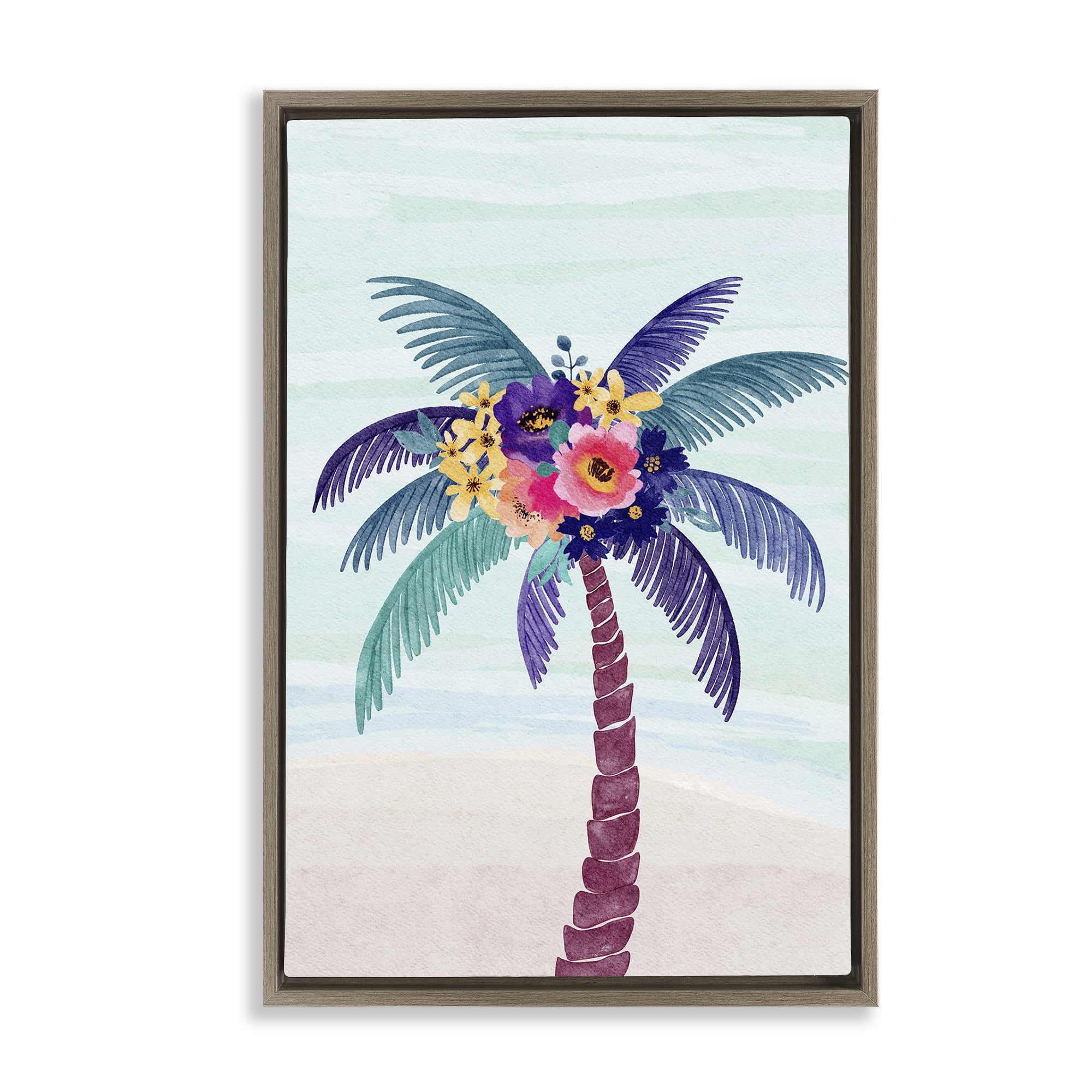 Stupell Industries Floral Palm Tree Beach Plants & Flowers Painting Brown Floater Framed Canvas Art Print Wall Art, 21 x 31