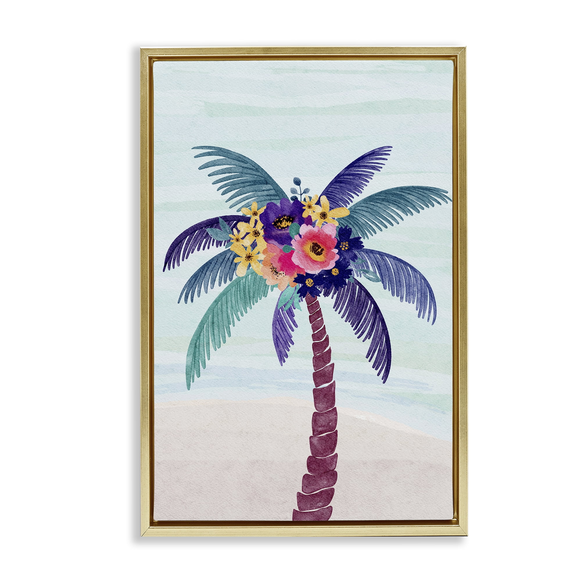 Stupell Industries Floral Palm Tree Beach Plants & Flowers Painting Gold Floater Framed Canvas Art Print Wall Art, 17 x 25