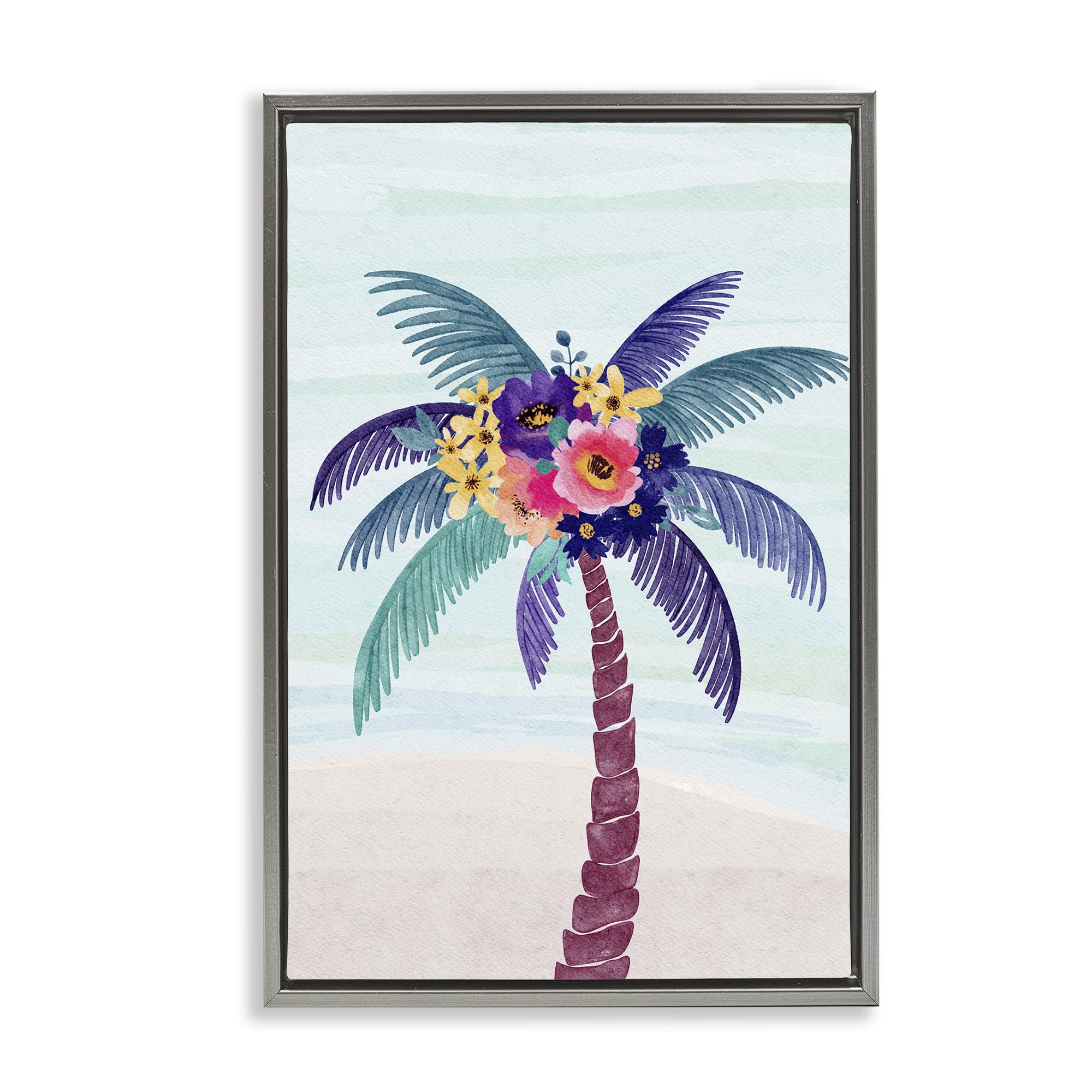 Stupell Industries Floral Palm Tree Beach Plants & Flowers Painting Gray Floater Framed Canvas Art Print Wall Art, 17 x 25