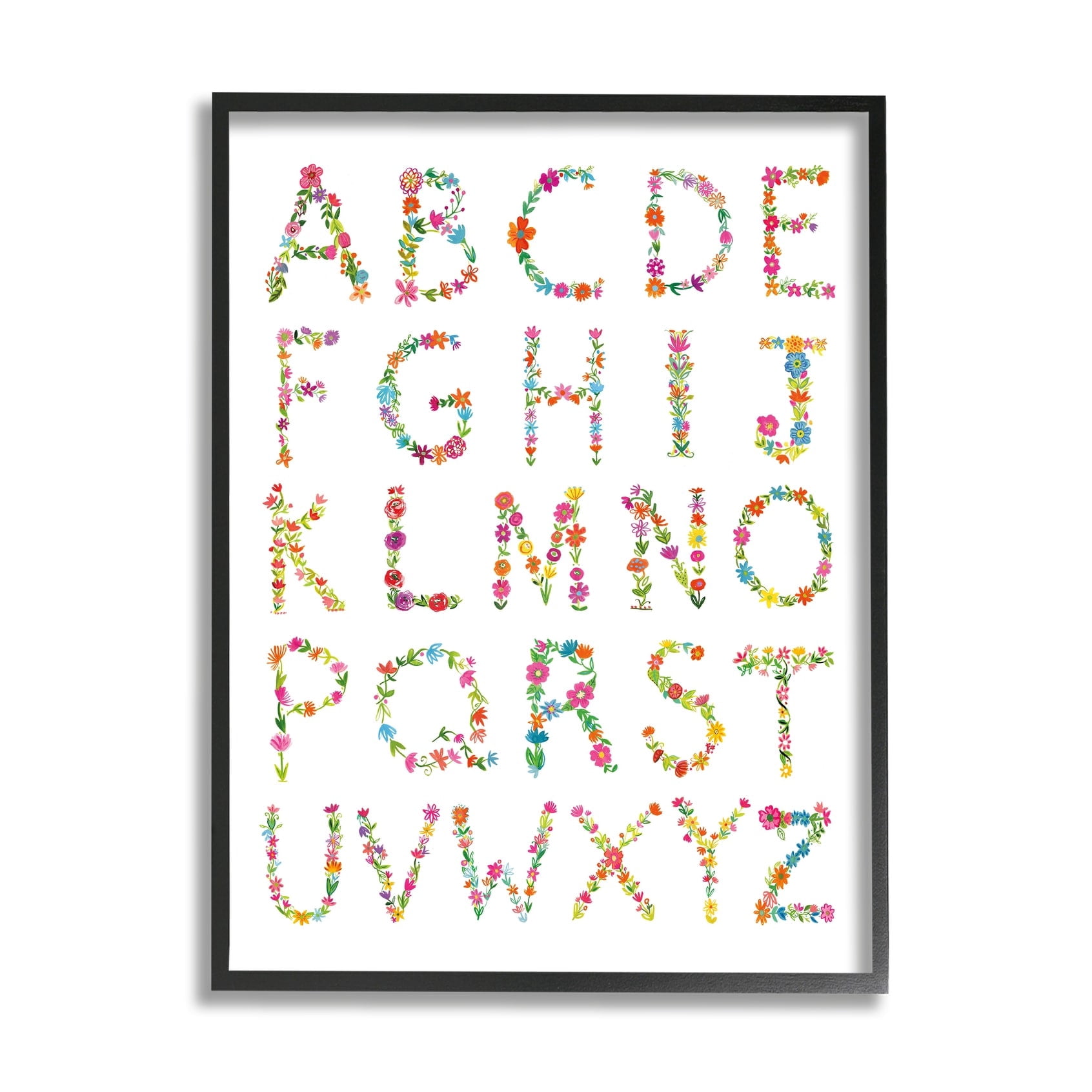 Stupell Industries Floral Pattern Alphabet Soft Chic Typography Black Framed, 16 x 20, Design by Farida Zaman
