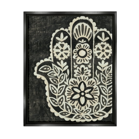 Stupell Industries Floral Pattern Black and White Hamsa Jet Black Framed Floating Canvas Wall Art, 16x20, by Chariklia Zarris