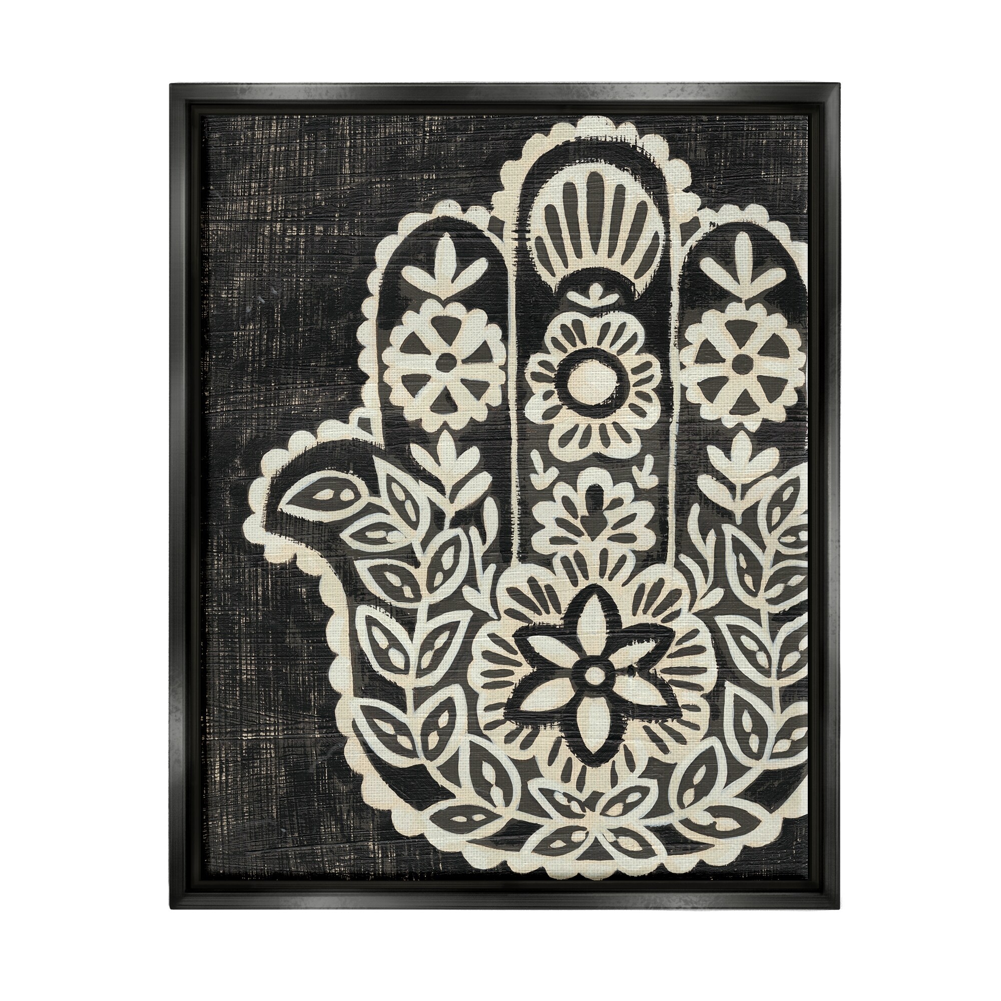 Stupell Industries Floral Pattern Black and White Hamsa Jet Black Framed Floating Canvas Wall Art, 24x30, by Chariklia Zarris