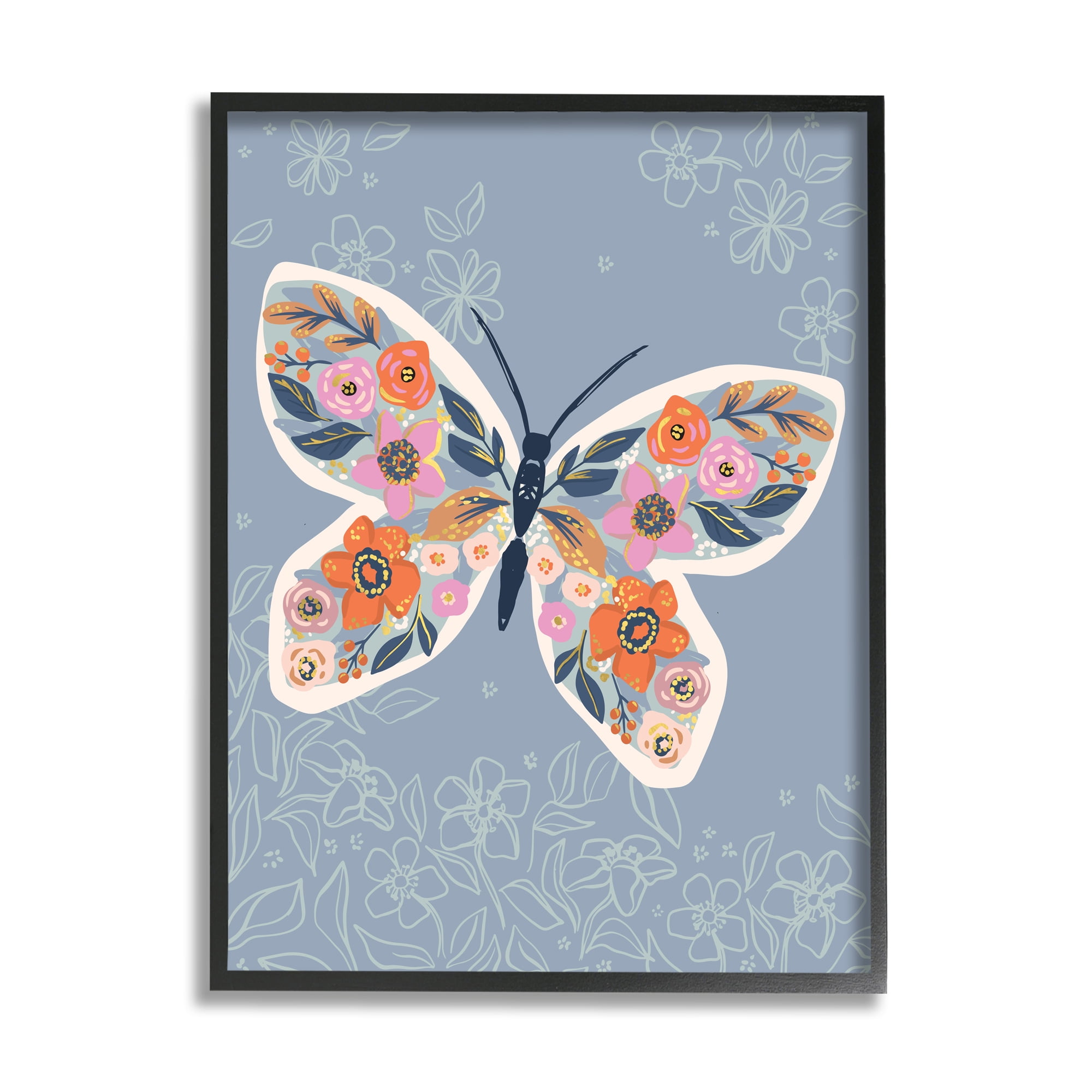Floral Butterfly Wings Print on Blue Canvas with Black Frame