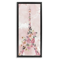 Stupell Industries Floral Pattern Eiffel Tower Botanical & Floral Painting Black Floater Framed Canvas Art Print Wall Art, 11 x 25