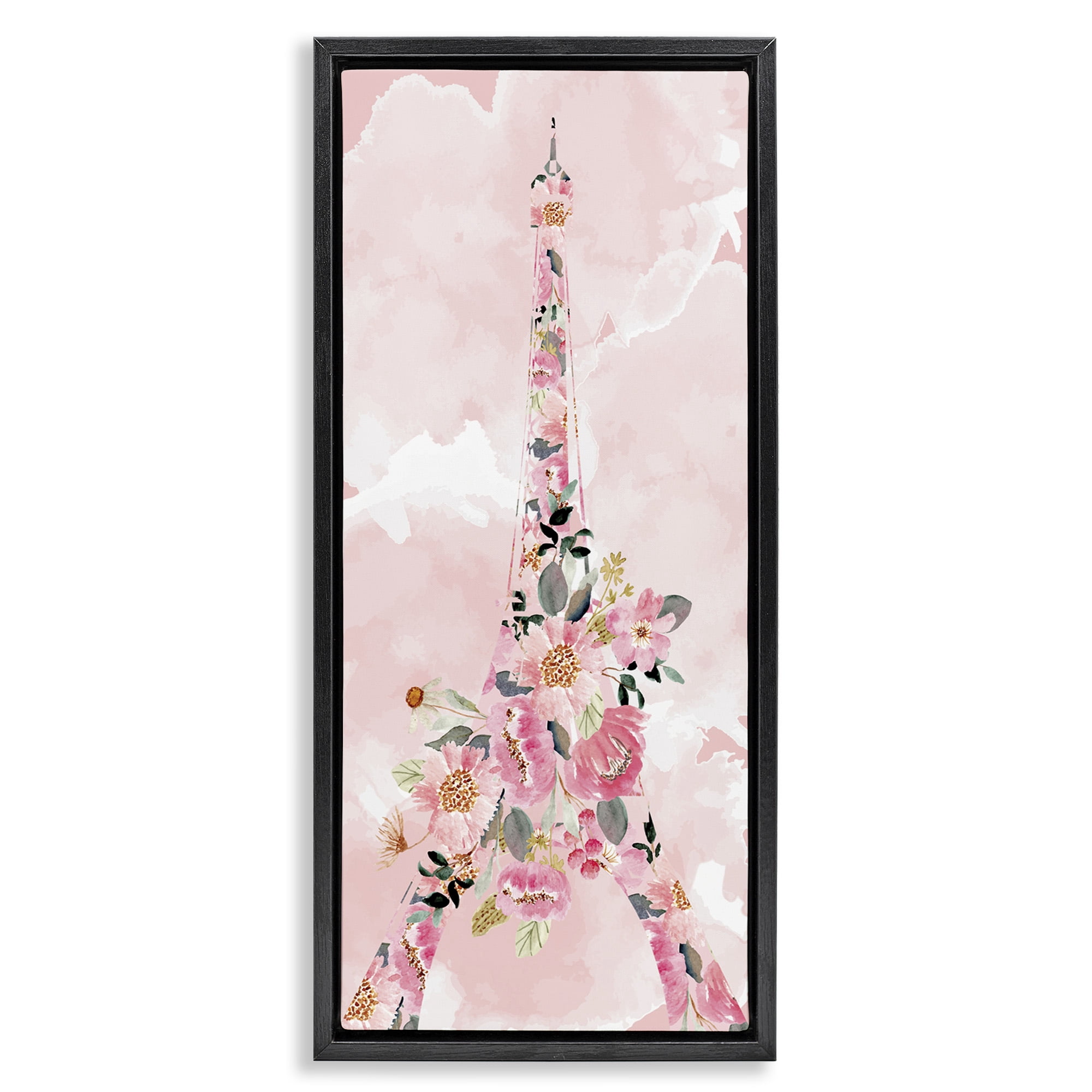 Stupell Industries Floral Pattern Eiffel Tower Botanical & Floral Painting Black Floater Framed Canvas Art Print Wall Art, 15 x 31
