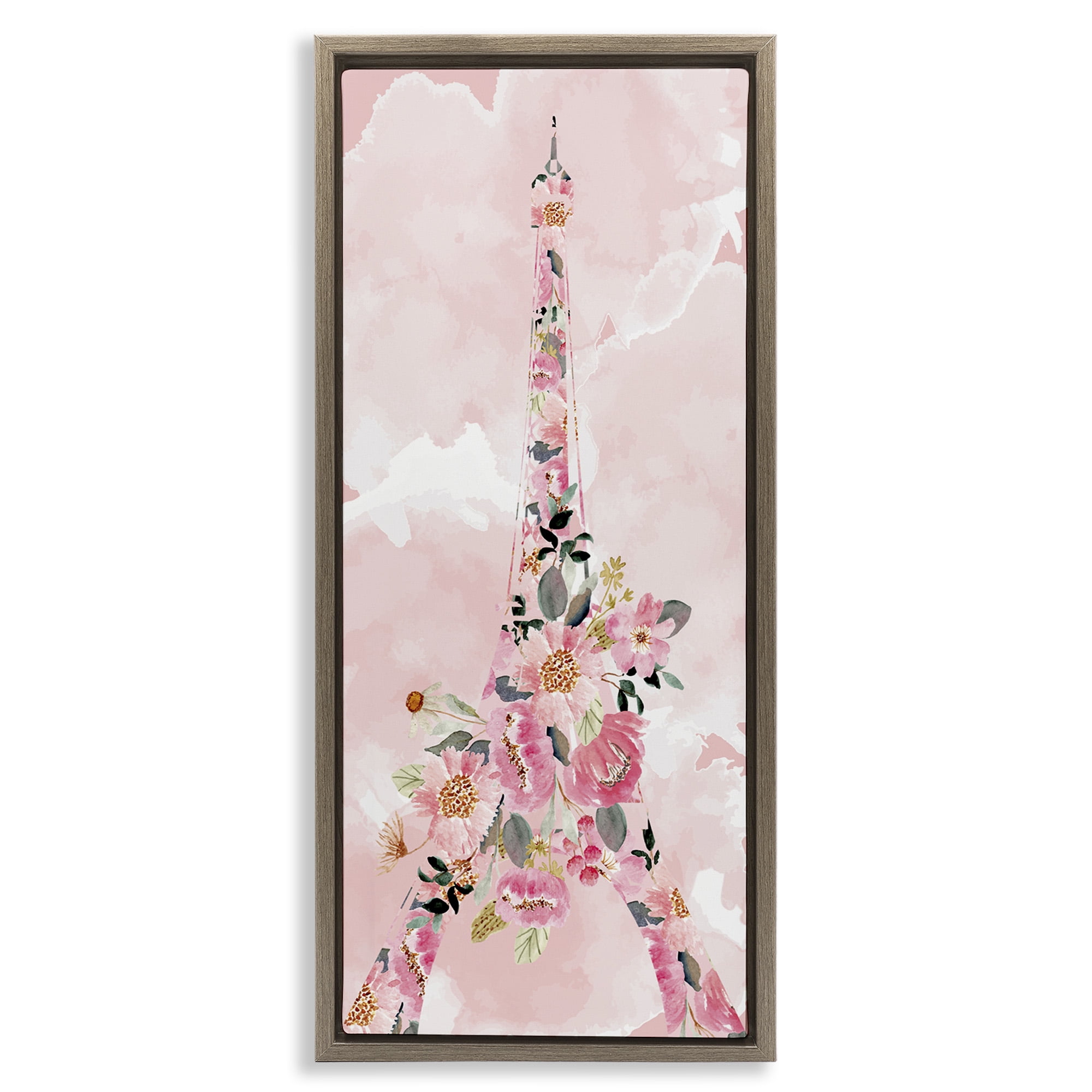 Stupell Industries Floral Pattern Eiffel Tower Botanical & Floral Painting Brown Floater Framed Canvas Art Print Wall Art, 11 x 25