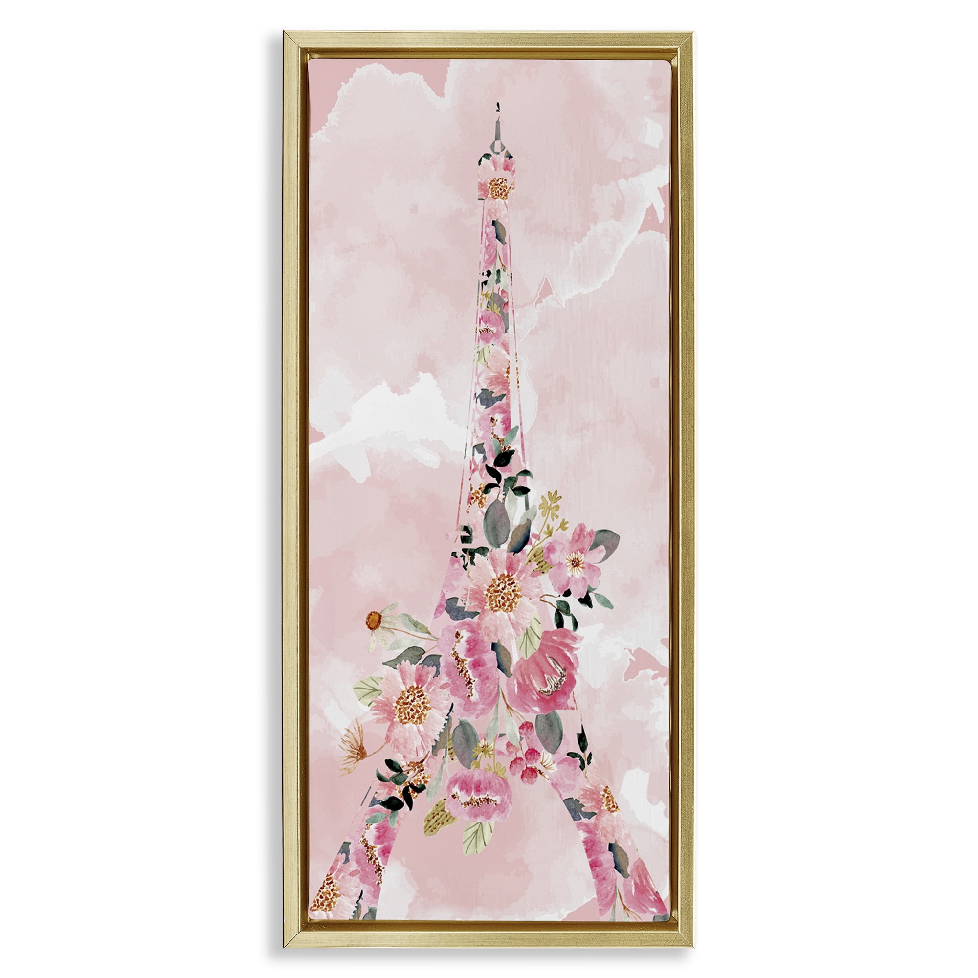 Stupell Industries Floral Pattern Eiffel Tower Botanical & Floral Painting Gold Floater Framed Canvas Art Print Wall Art, 15 x 31