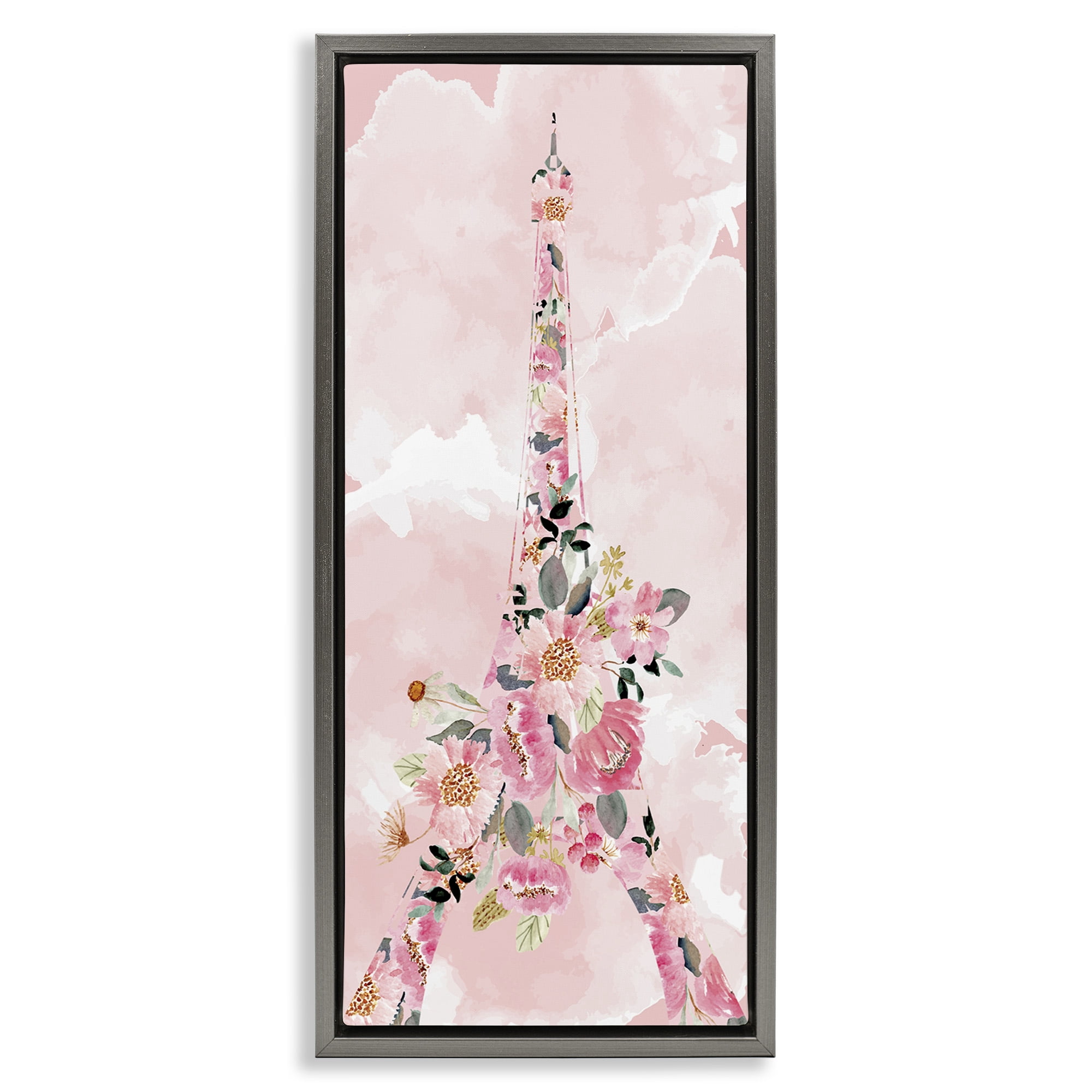 Stupell Industries Floral Pattern Eiffel Tower Botanical & Floral Painting Gray Floater Framed Canvas Art Print Wall Art, 15 x 31