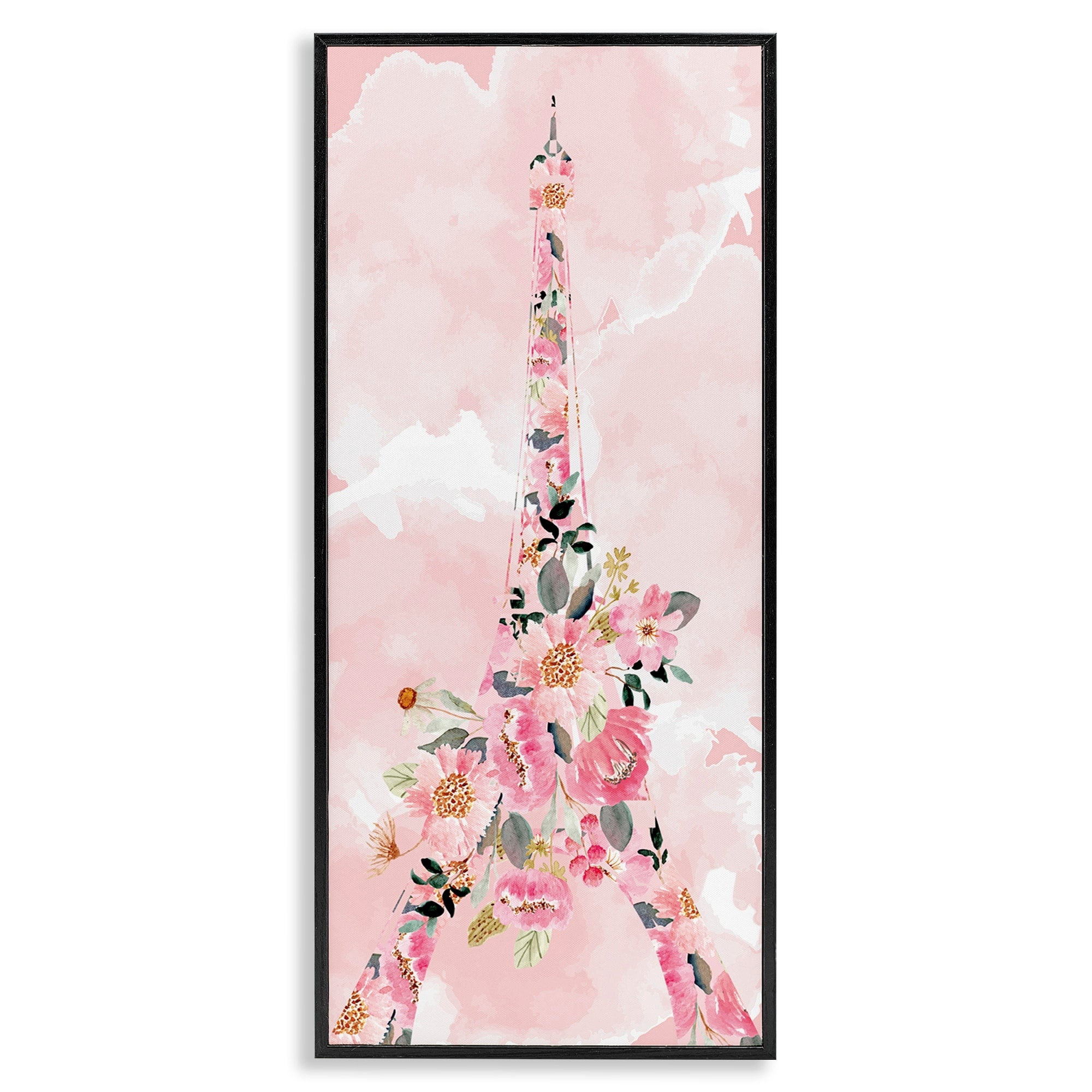 Pink Floral Eiffel Tower Canvas Print with Black Frame, 10 x 24