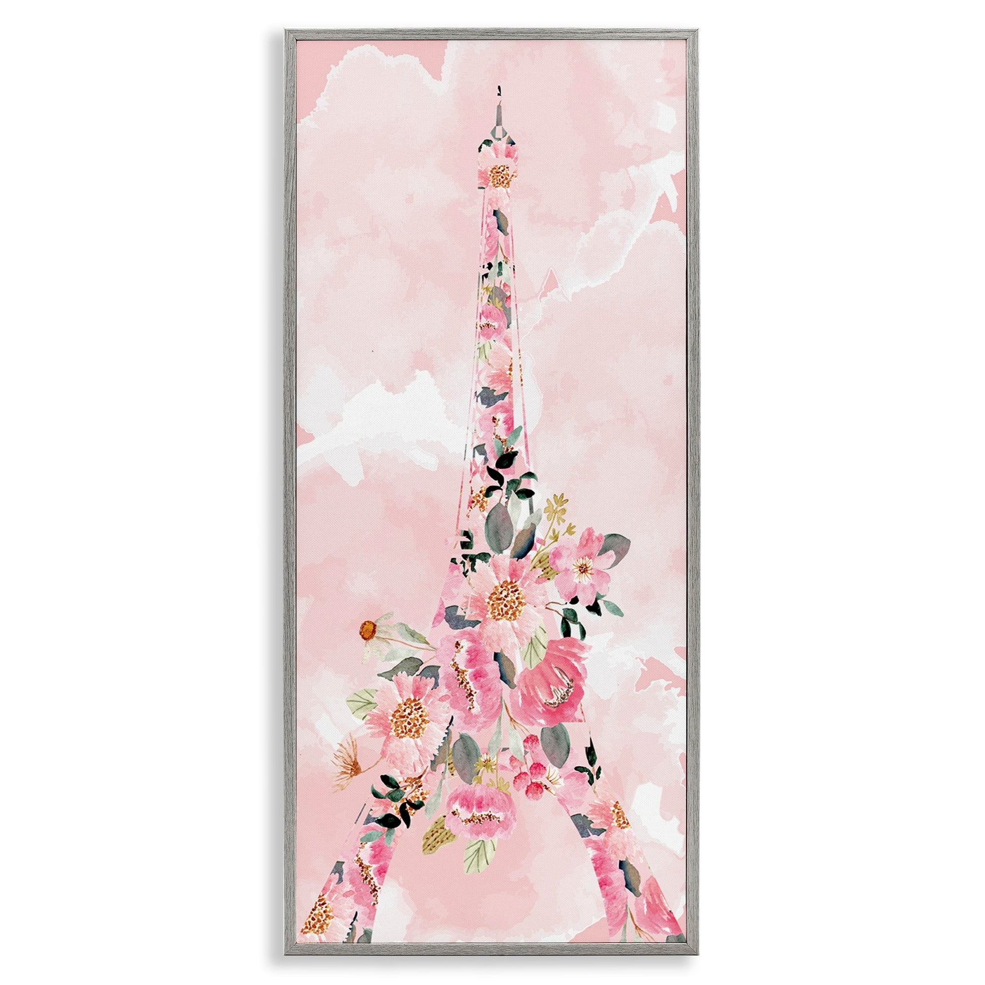 Stupell Industries Floral Pattern Eiffel Tower Pink Cloudy Sky Botanical & Floral Painting Gray Framed Art Print Wall Art, 13 x 30