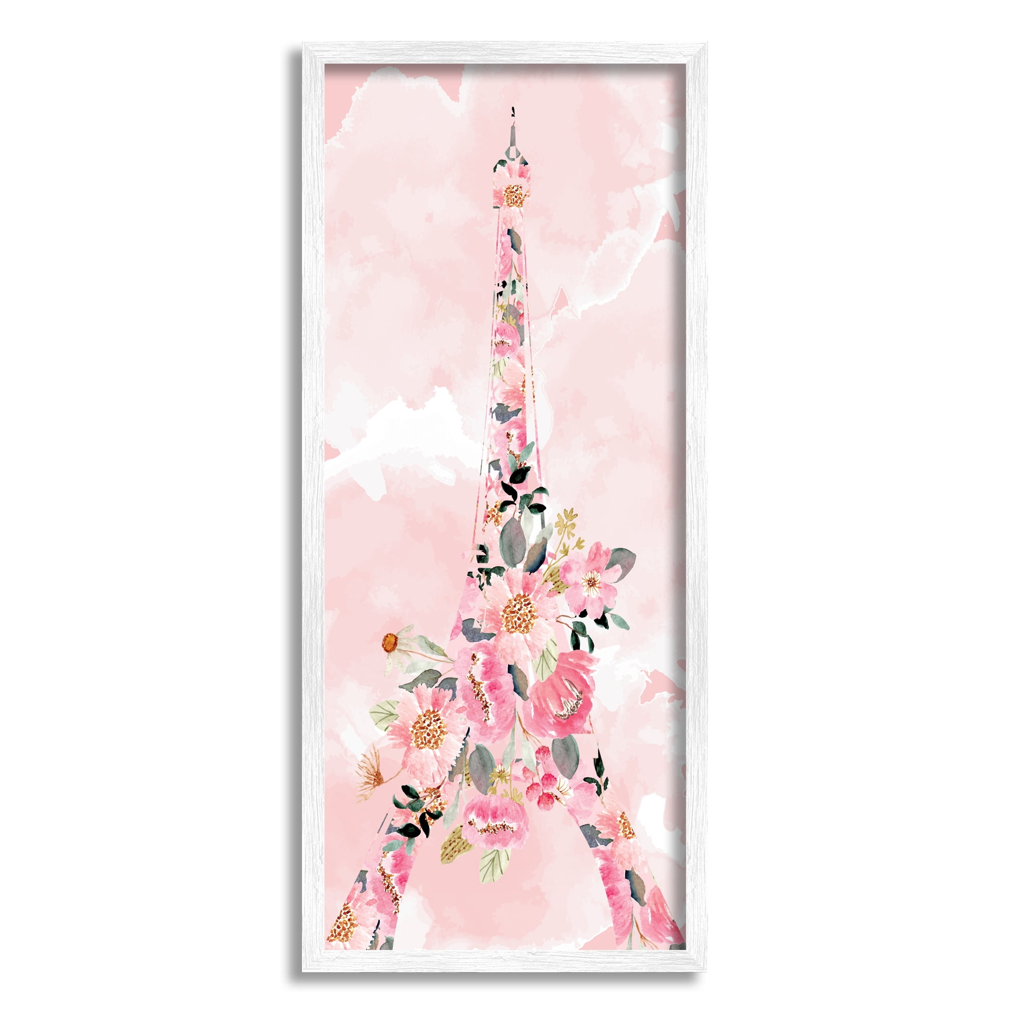 Stupell Industries Floral Pattern Eiffel Tower Pink Cloudy Sky Botanical & Floral Painting White Framed Art Print Wall Art, 10 x 24