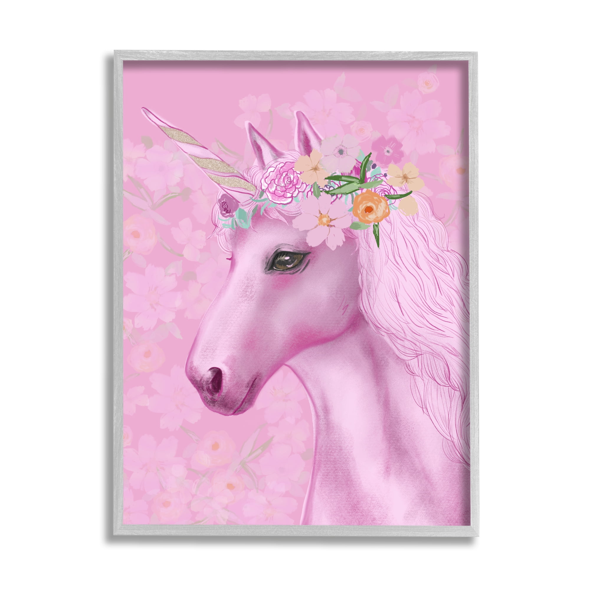 Stupell Industries Floral Pattern Pink Unicorn Adorable Mythical Creature Kids Painting Gray framed Art Print Wall Art, 11 x 14, Design by JunCo. Studio