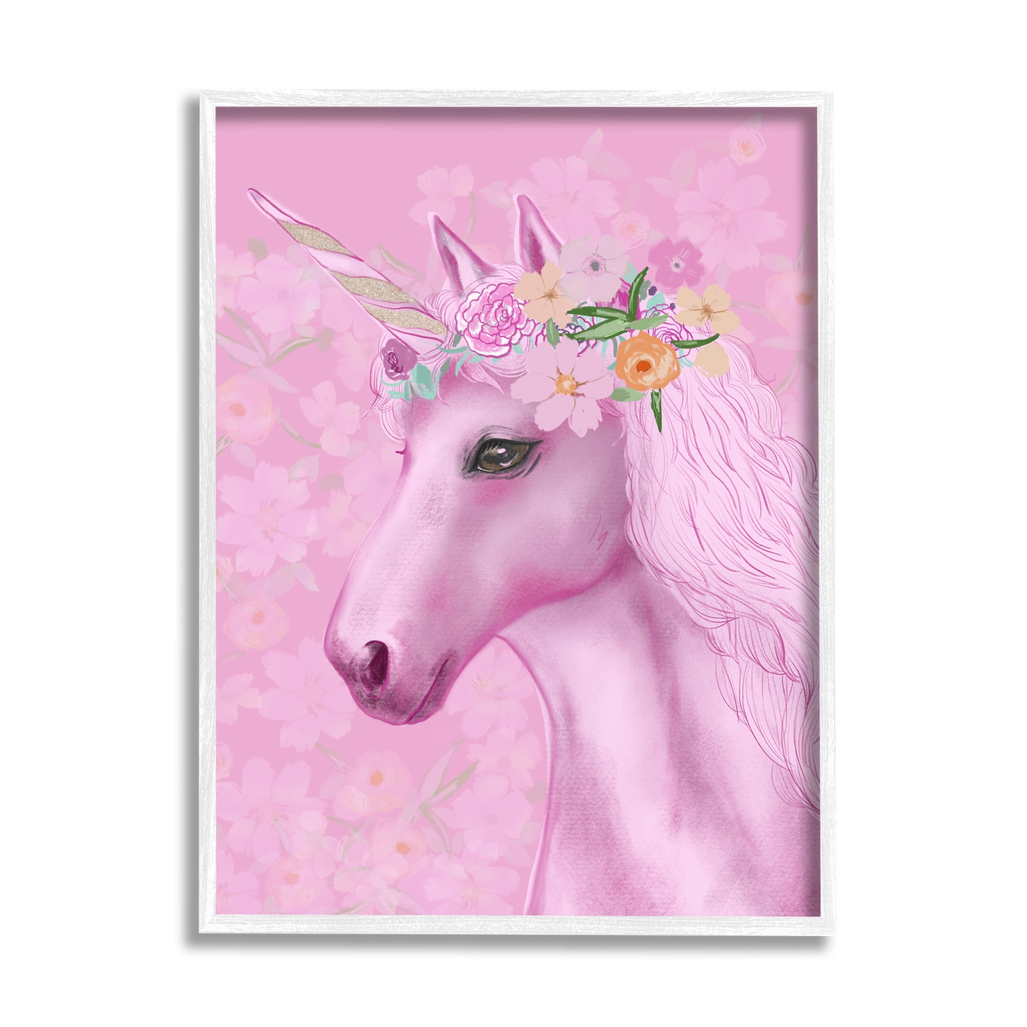 Stupell Industries Floral Pattern Pink Unicorn Adorable Mythical Creature Kids Painting White framed Art Print Wall Art, 16 x 20, Design by JunCo. Studio