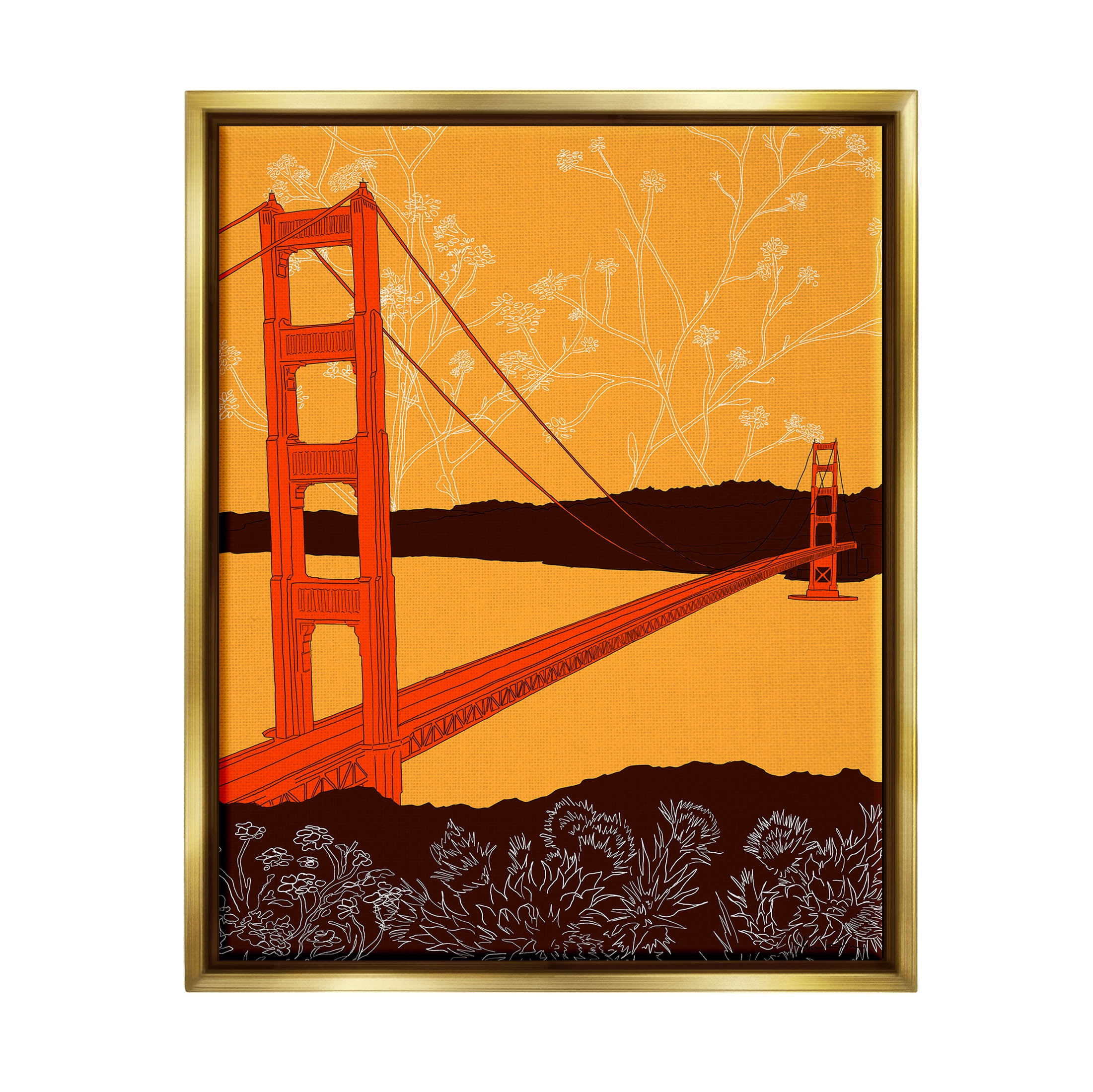 Stupell Industries Floral Pattern Water Bridge Graphic Art Metallic Gold Floating Framed Canvas Print Wall Art, Design by Shane Donahue
