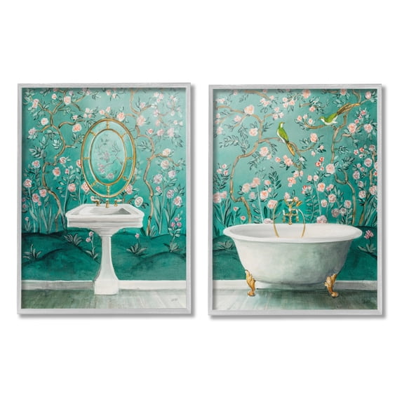 Stupell Industries Floral Patterned Bathroom Botanical & Floral Painting Gray Framed Art Print Wall Art, 24 x 30, Set of 2