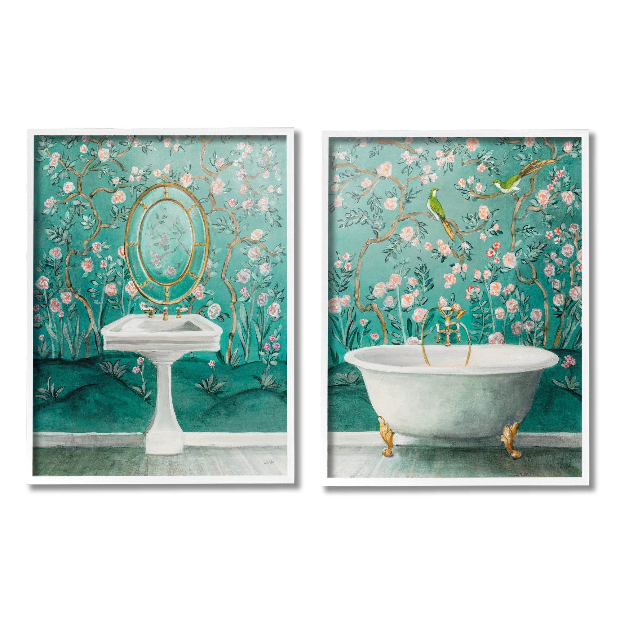 Stupell Industries Floral Patterned Bathroom Botanical & Floral Painting White Framed Art Print Wall Art, 16 x 20, Set of 2