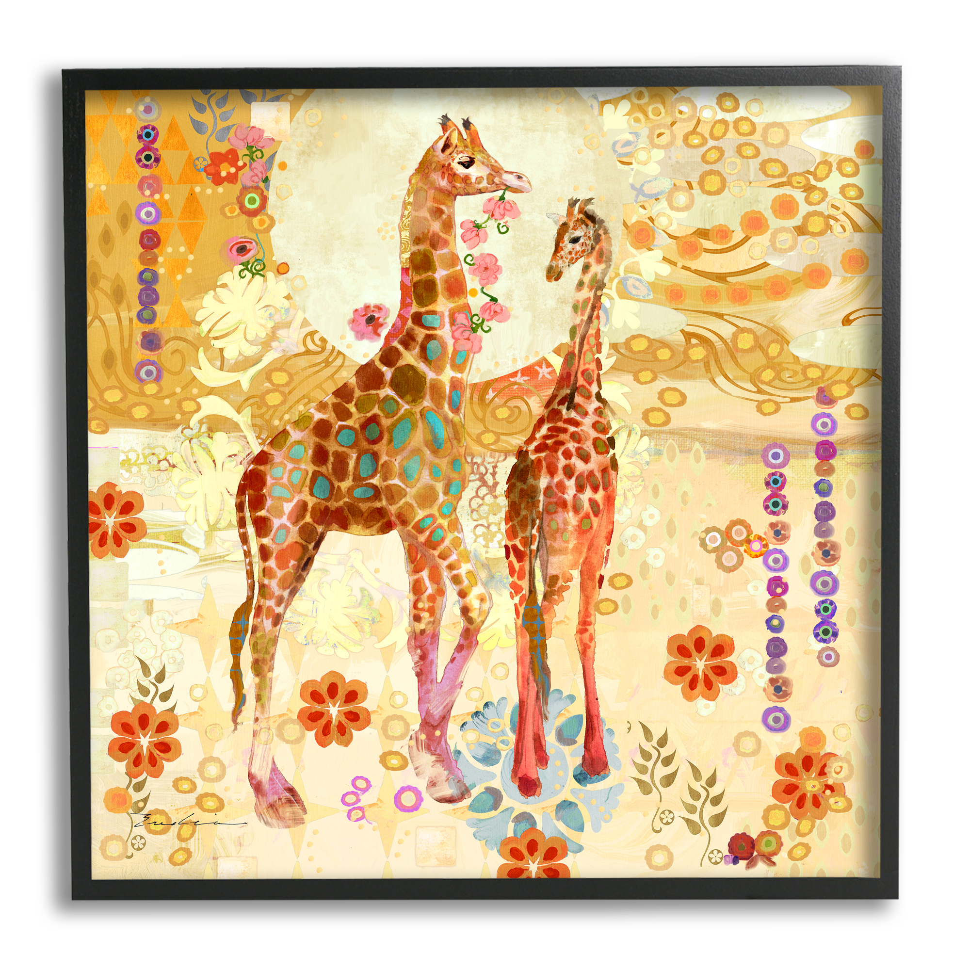 Stupell Industries Floral Patterned Giraffes Animals & Insects Painting Black Framed Art Print Wall Art, 12 x 12