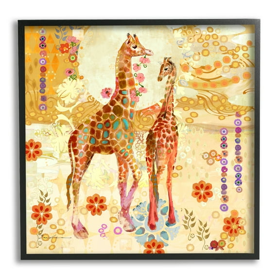 Stupell Industries Floral Patterned Giraffes Animals & Insects Painting Black Framed Art Print Wall Art, 12 x 12