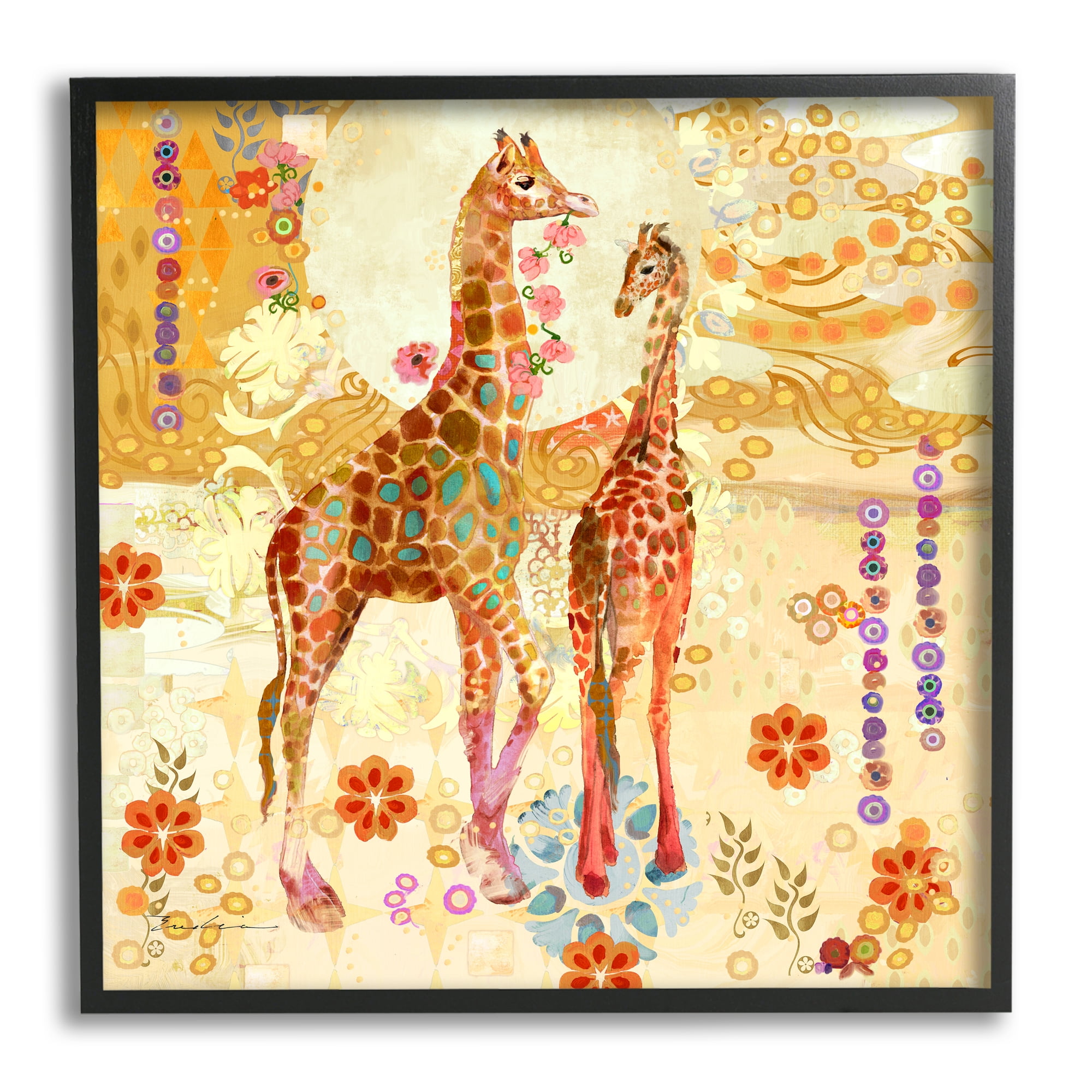 Stupell Industries Floral Patterned Giraffes Animals & Insects Painting Black Framed Art Print Wall Art, 17 x 17