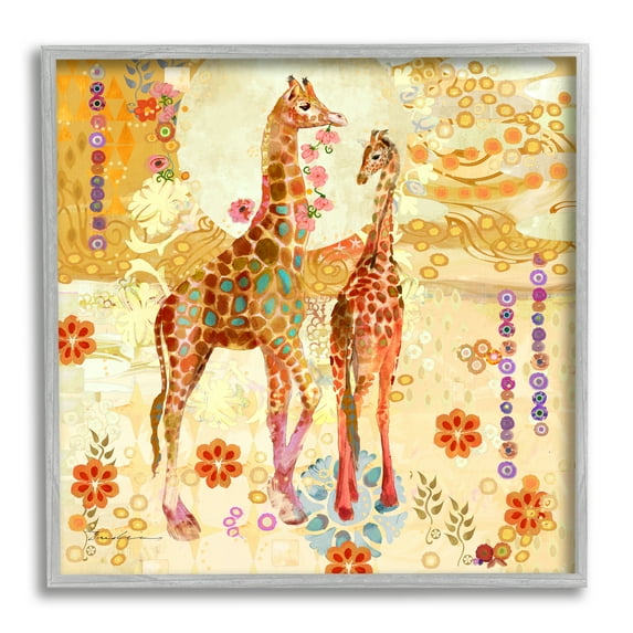 Stupell Industries Floral Patterned Giraffes Animals & Insects Painting Gray Framed Art Print Wall Art, 12 x 12