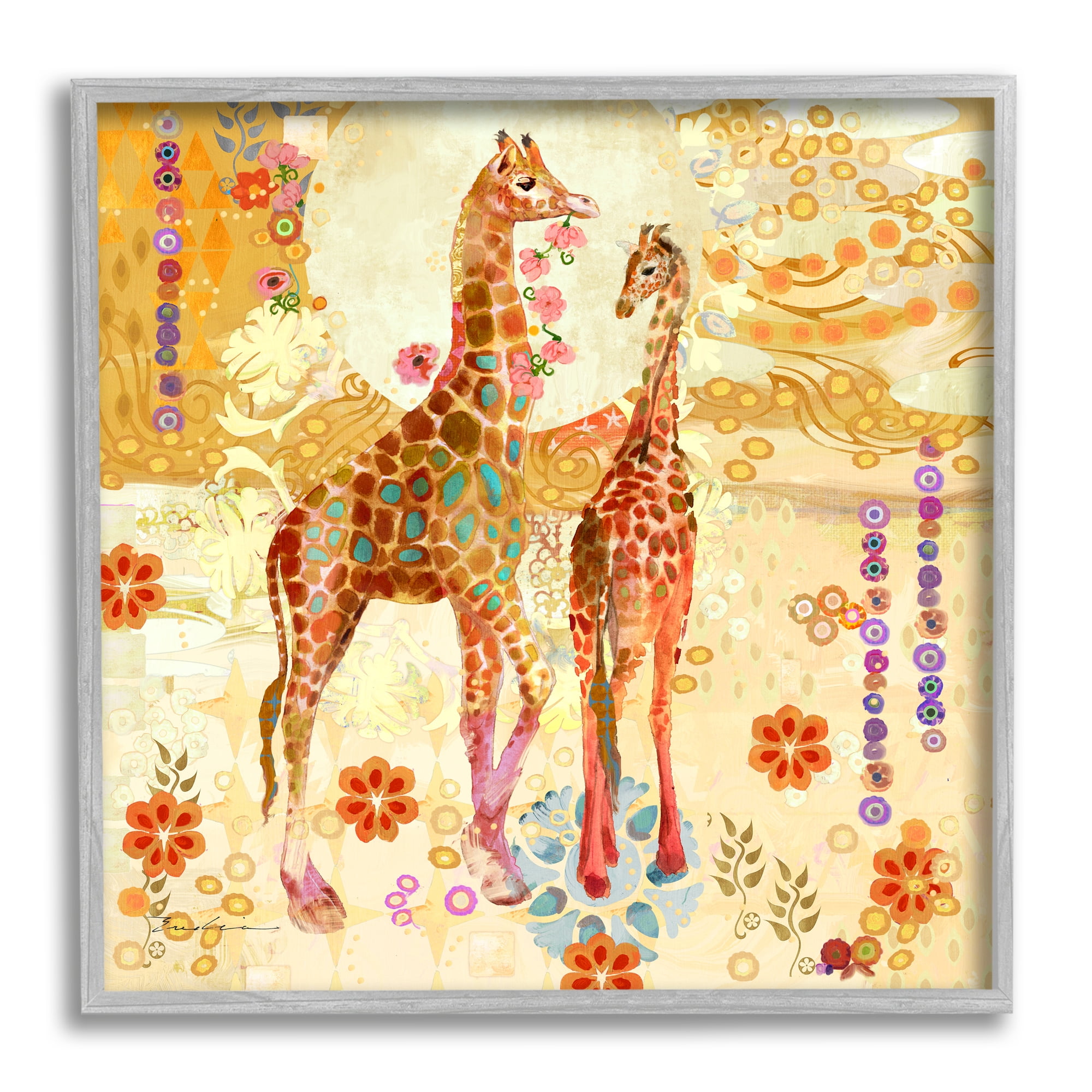 Stupell Industries Floral Patterned Giraffes Animals & Insects Painting Gray Framed Art Print Wall Art, 24 x 24