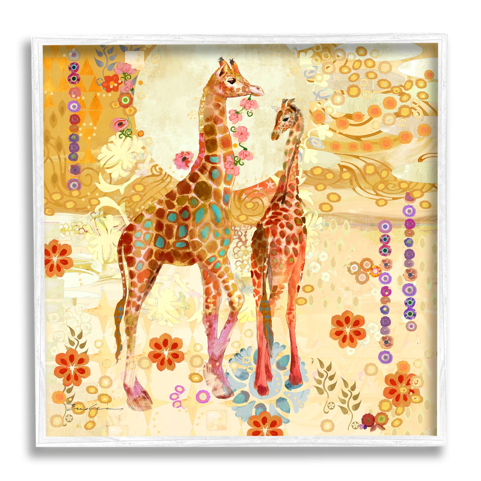 Stupell Industries Floral Patterned Giraffes Animals & Insects Painting White Framed Art Print Wall Art, 17 x 17
