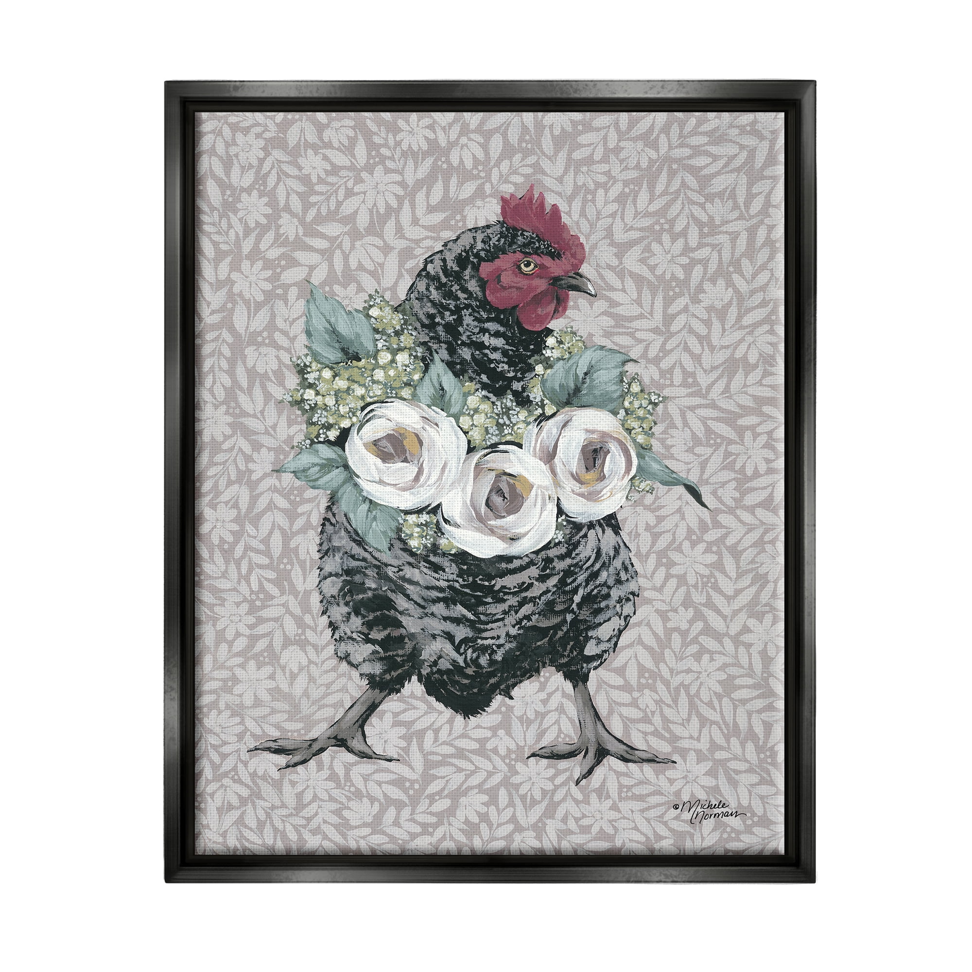 Stupell Industries Floral Patterned Hen Animals & Insects Painting Black Floater Framed Canvas Art Print Wall Art, 17 x 21