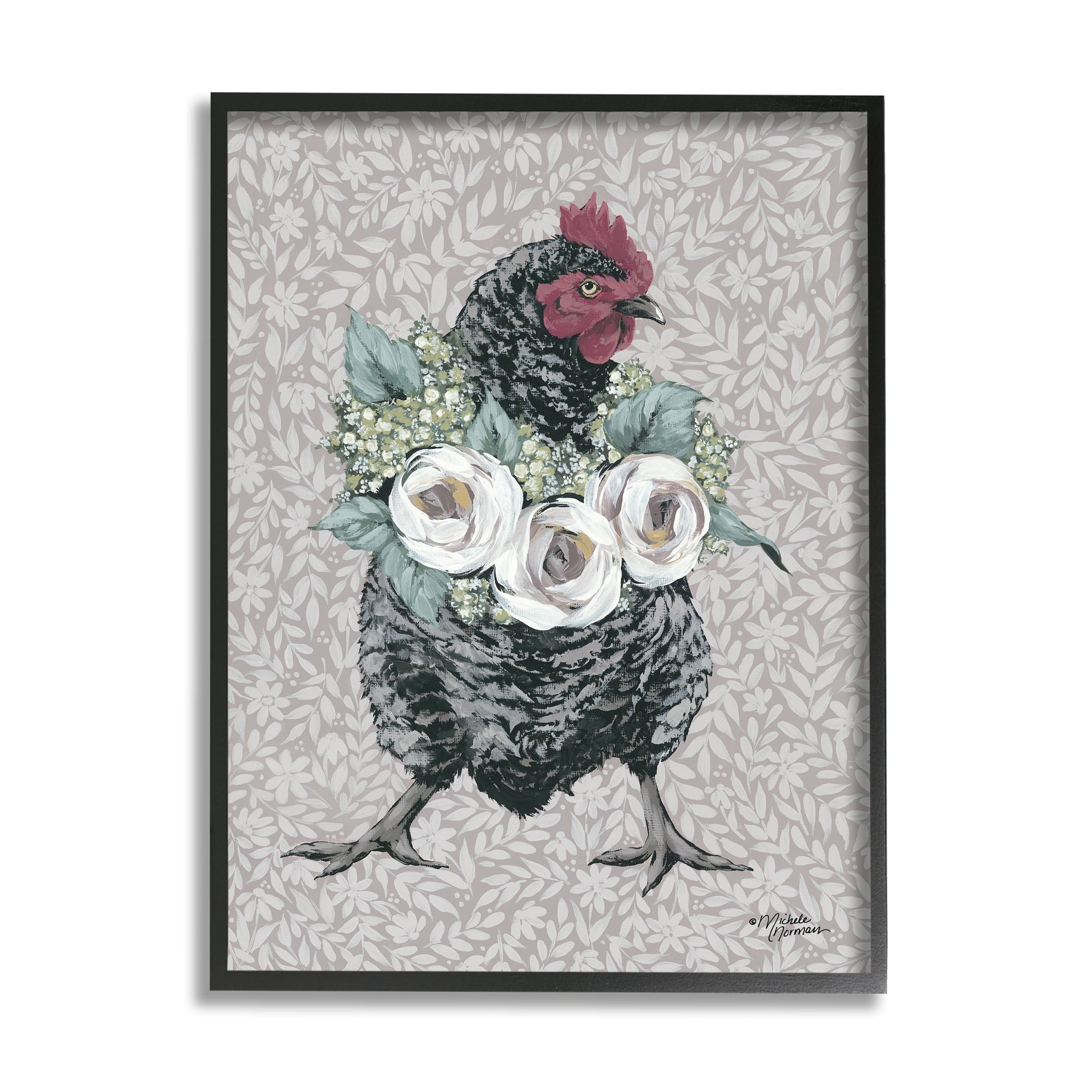 Stupell Industries Floral Patterned Hen Animals & Insects Painting Black Framed Art Print Wall Art, 11 x 14