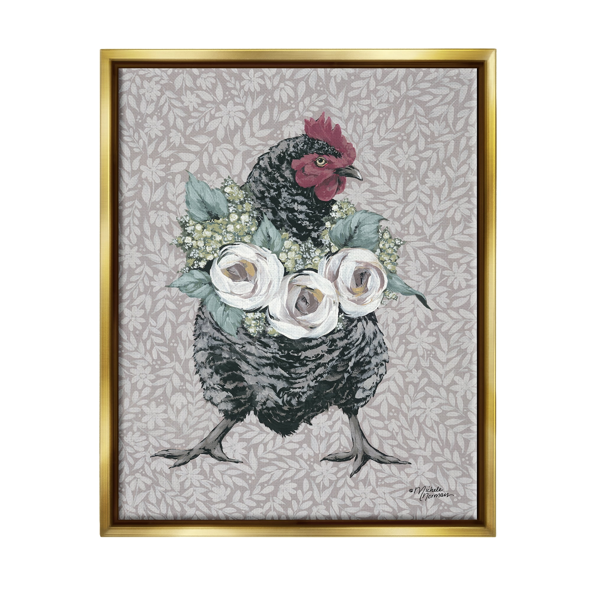 Stupell Industries Floral Patterned Hen Animals & Insects Painting Gold Floater Framed Canvas Art Print Wall Art, 17 x 21