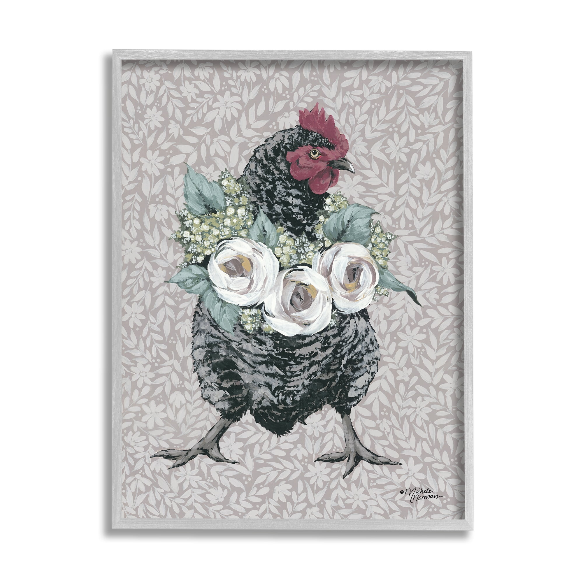 Stupell Industries Floral Patterned Hen Animals & Insects Painting Gray Framed Art Print Wall Art, 11 x 14