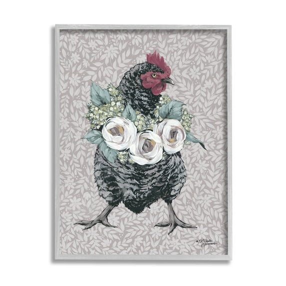 Stupell Industries Floral Patterned Hen Animals & Insects Painting Gray Framed Art Print Wall Art, 16 x 20