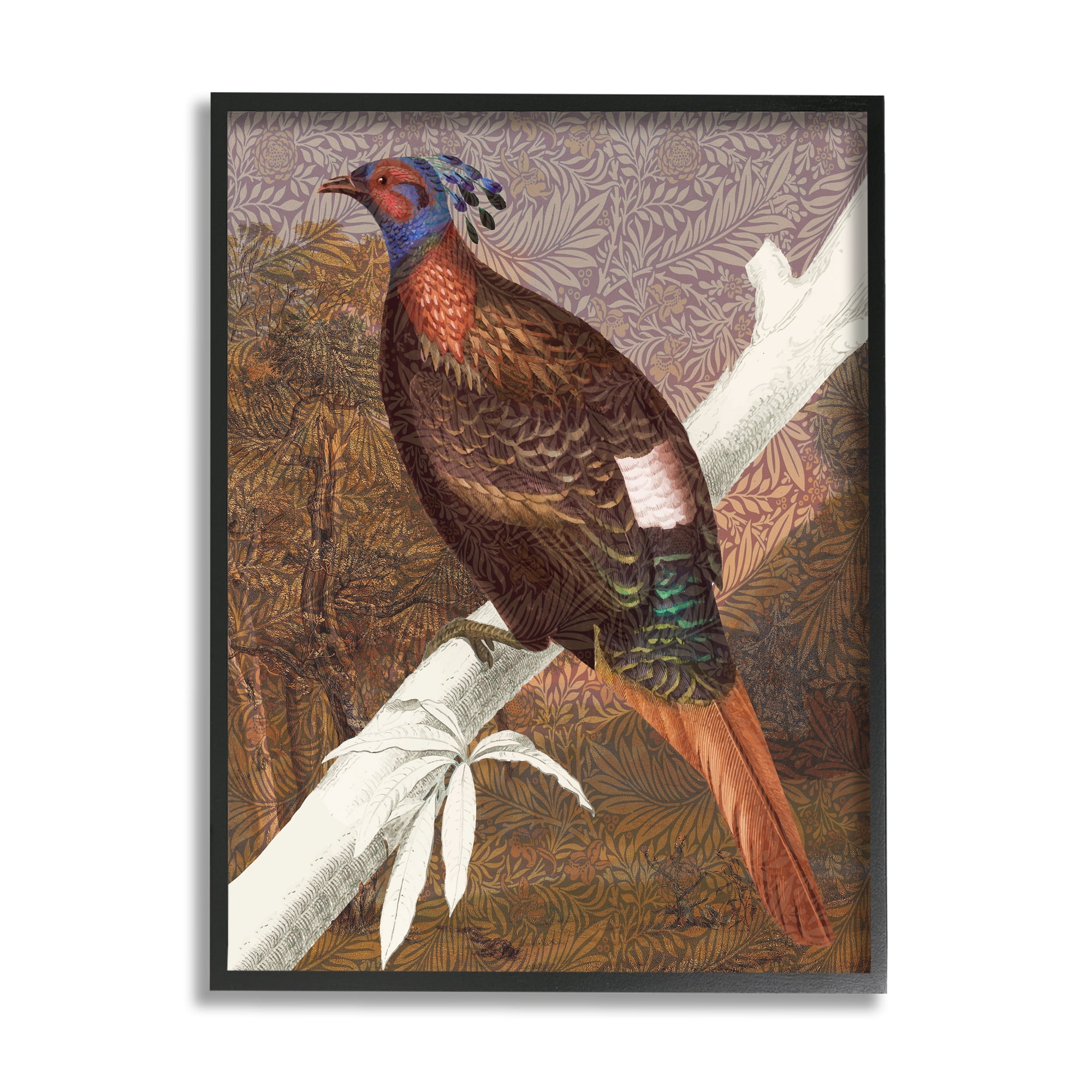 Stupell Industries Floral Patterned Pheasant Animals & Insects Painting Black Framed Art Print Wall Art, 24 x 30