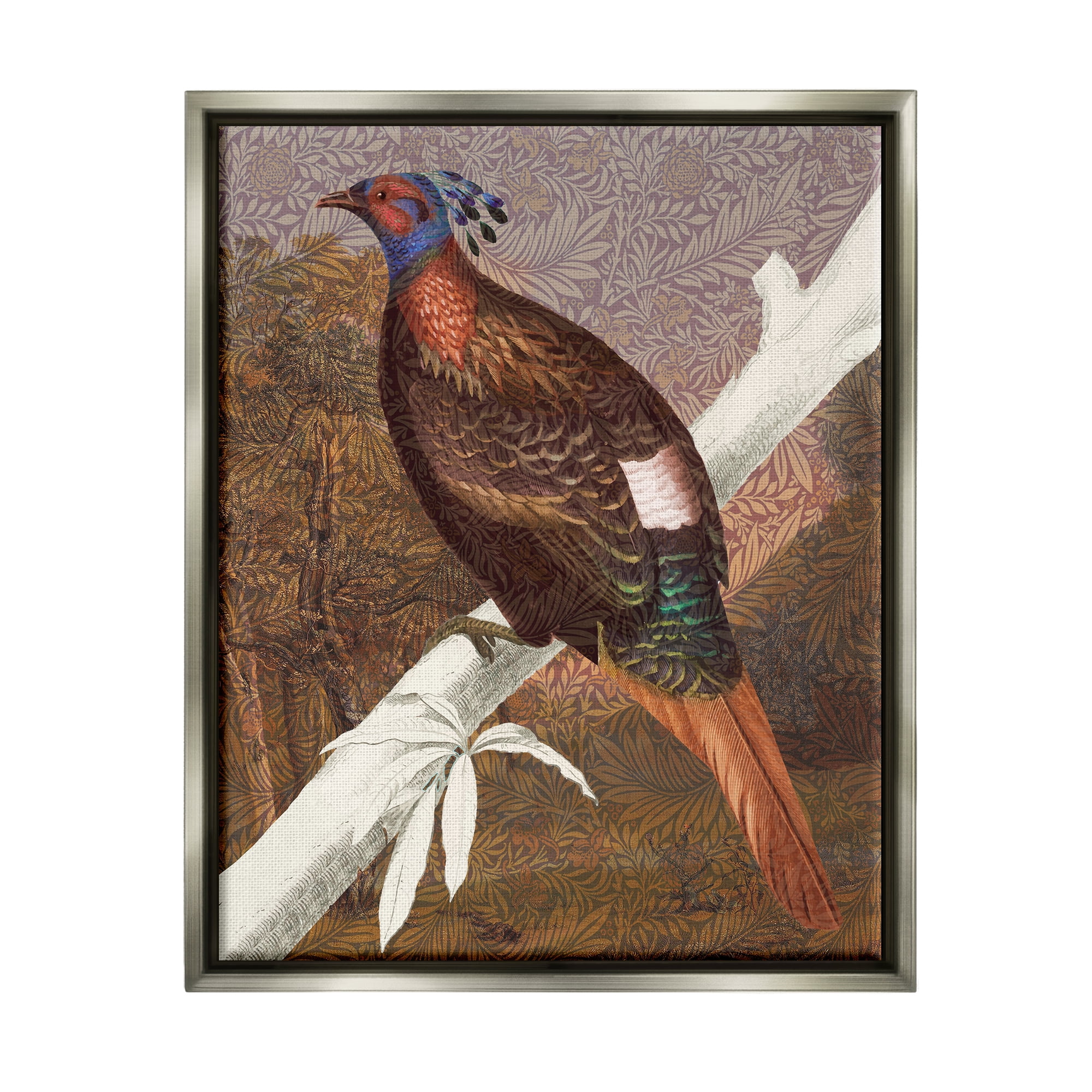 Stupell Industries Floral Patterned Pheasant Animals & Insects Painting Gray Floater Framed Art Print Wall Art, 25 x 31