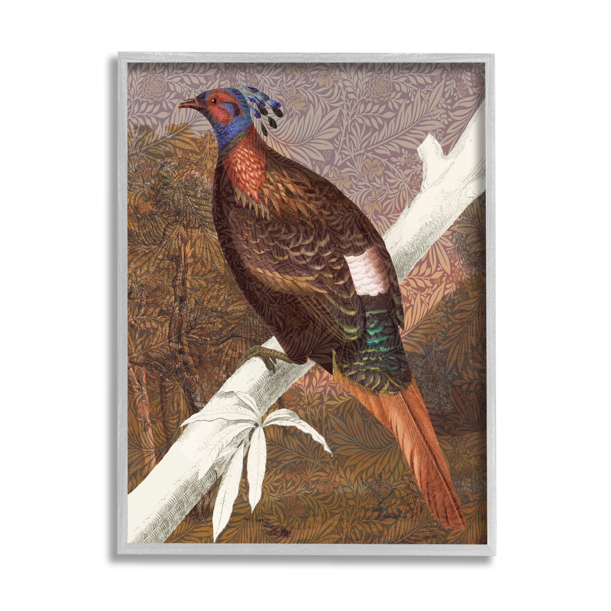 Stupell Industries Floral Patterned Pheasant Animals & Insects Painting Gray Framed Art Print Wall Art, 11 x 14