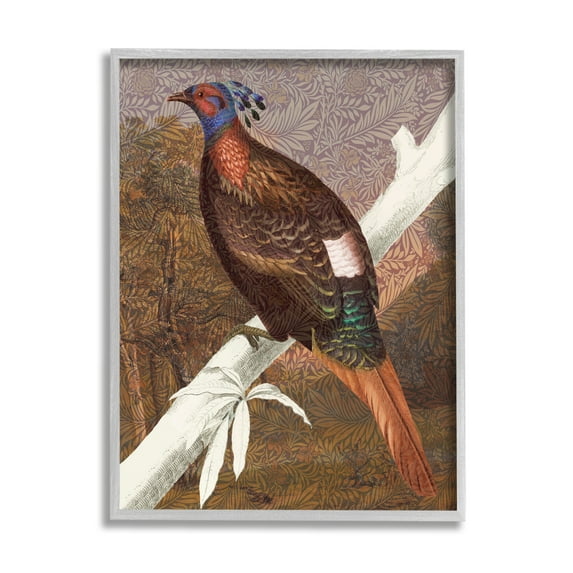 Stupell Industries Floral Patterned Pheasant Animals & Insects Painting Gray Framed Art Print Wall Art, 24 x 30