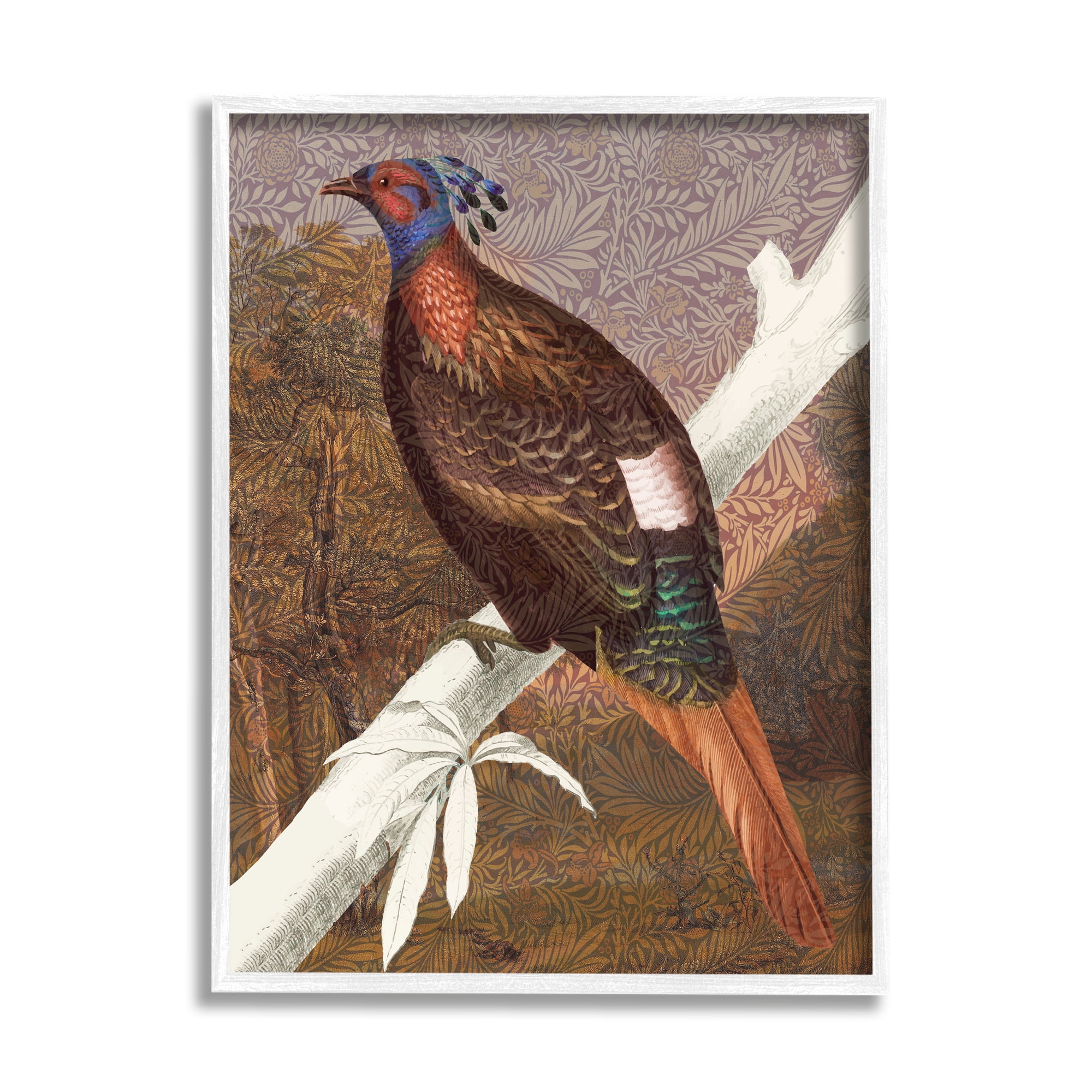 Stupell Industries Floral Patterned Pheasant Animals & Insects Painting White Framed Art Print Wall Art, 16 x 20