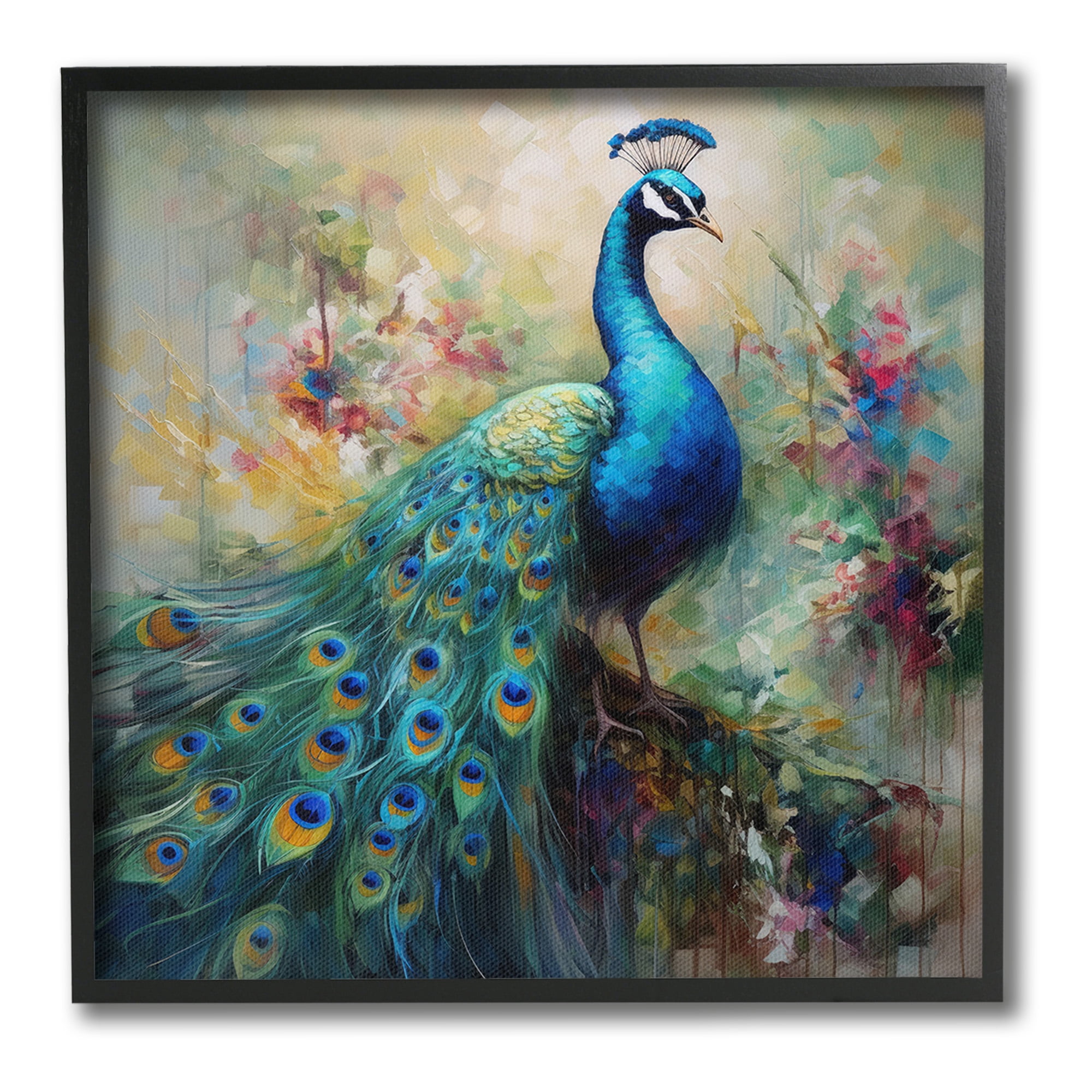 Stupell Industries Floral Peacock Pattern Animals & Insects Painting Black Framed Art Print Wall Art, 12 x 12