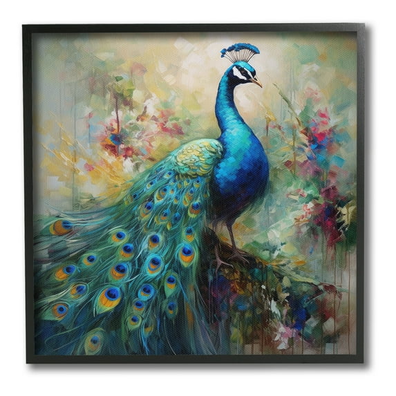 Stupell Industries Floral Peacock Pattern Animals & Insects Painting Black Framed Art Print Wall Art, 24 x 24