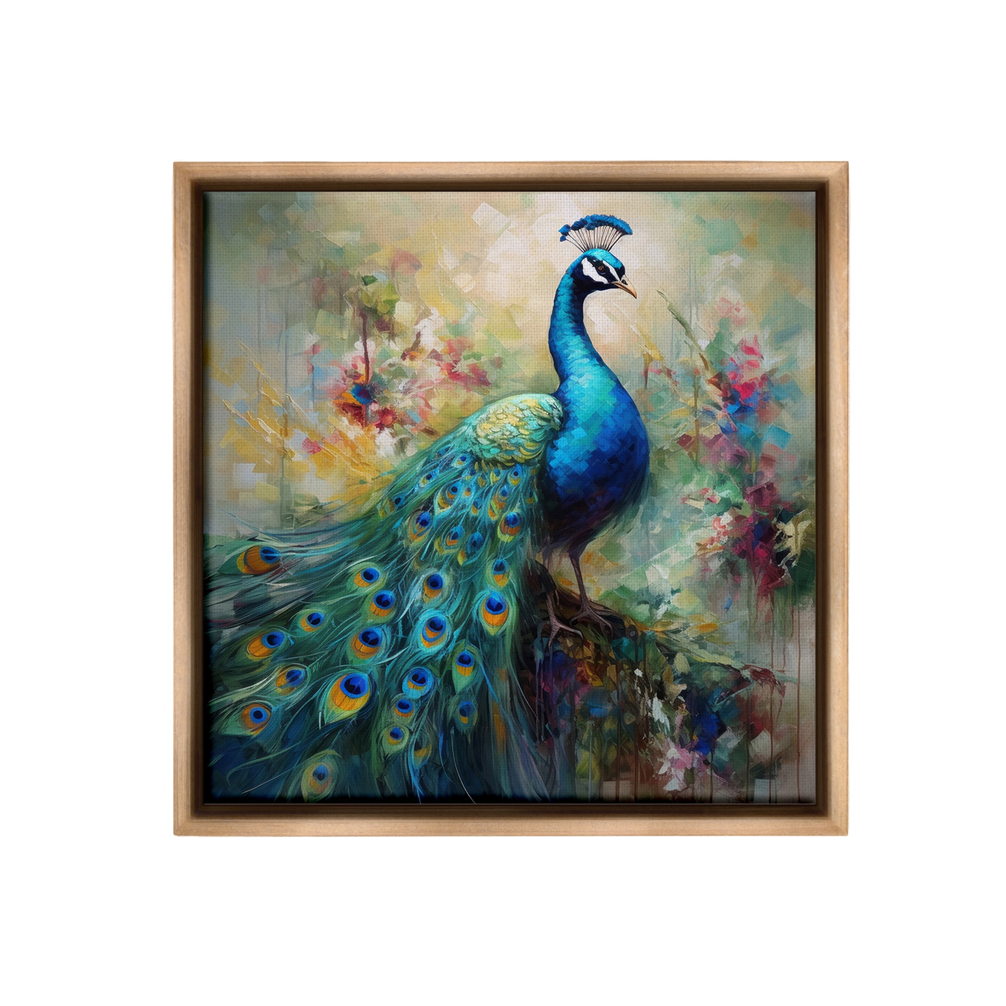 Stupell Industries Floral Peacock Pattern Animals & Insects Painting Brown Floater Framed Canvas Art Print Wall Art, 25 x 25