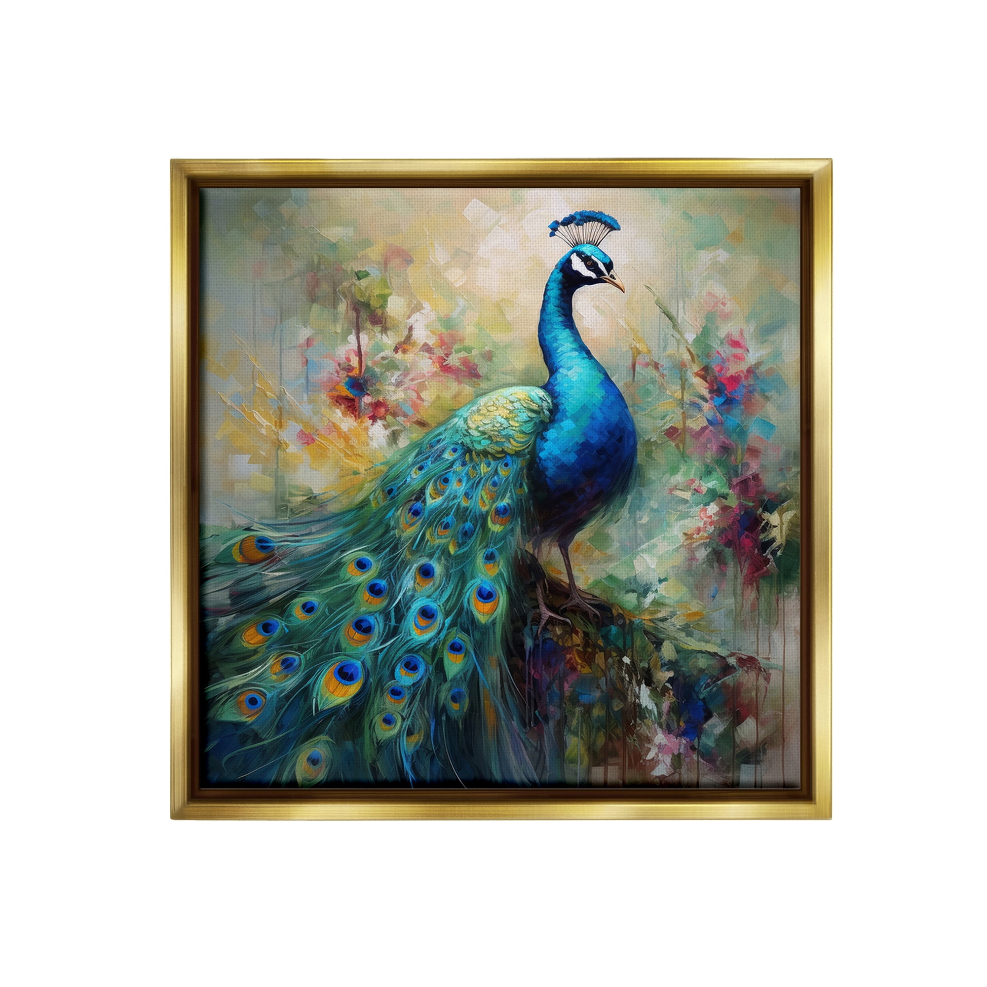 Stupell Industries Floral Peacock Pattern Animals & Insects Painting Gold Floater Framed Canvas Art Print Wall Art, 18 x 18